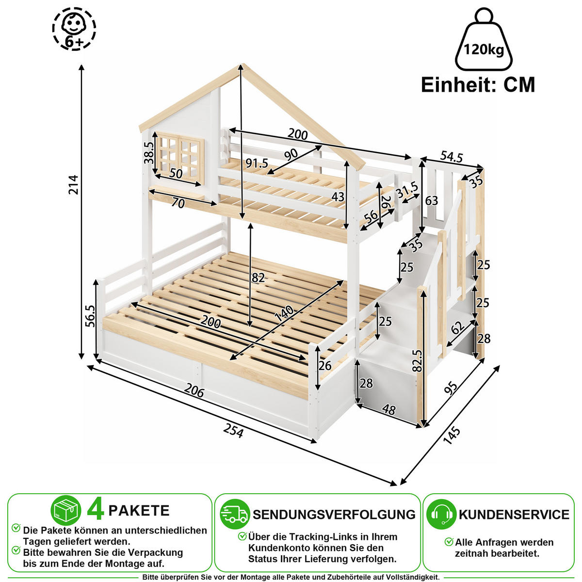 ETAGENBETT 90/200 cm & 140/200 cm in Weiß & Natur mit Stauraumleiter und Bettgitter - Weiß/Naturfarben, Holz/Holzwerkstoff (140/200cm) - CHICFURN