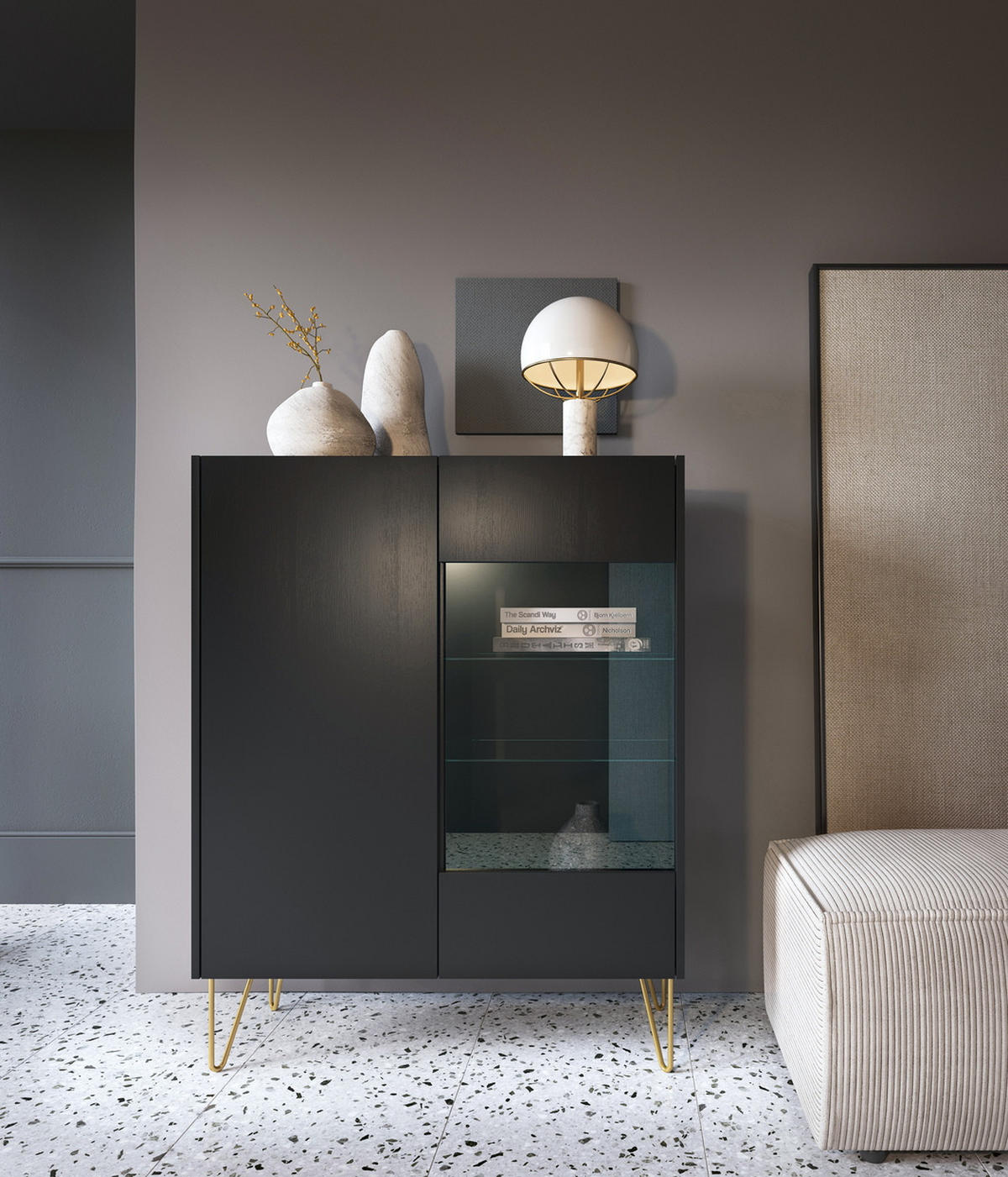 VITRINENSCHRANK 97 cm Olven, goldene Beine, Schwarz - Schwarz, Holz (97/122/37cm) - Emporius