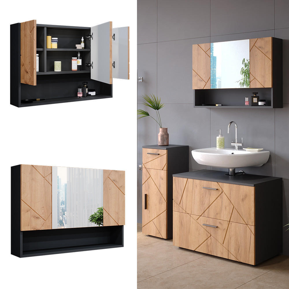BADSPIEGELSCHRANK Irma Anthrazit 80.1 x 55 cm - Anthrazit/Eiche Wotan, Holzwerkstoff (80.1/55/17cm) - Vicco