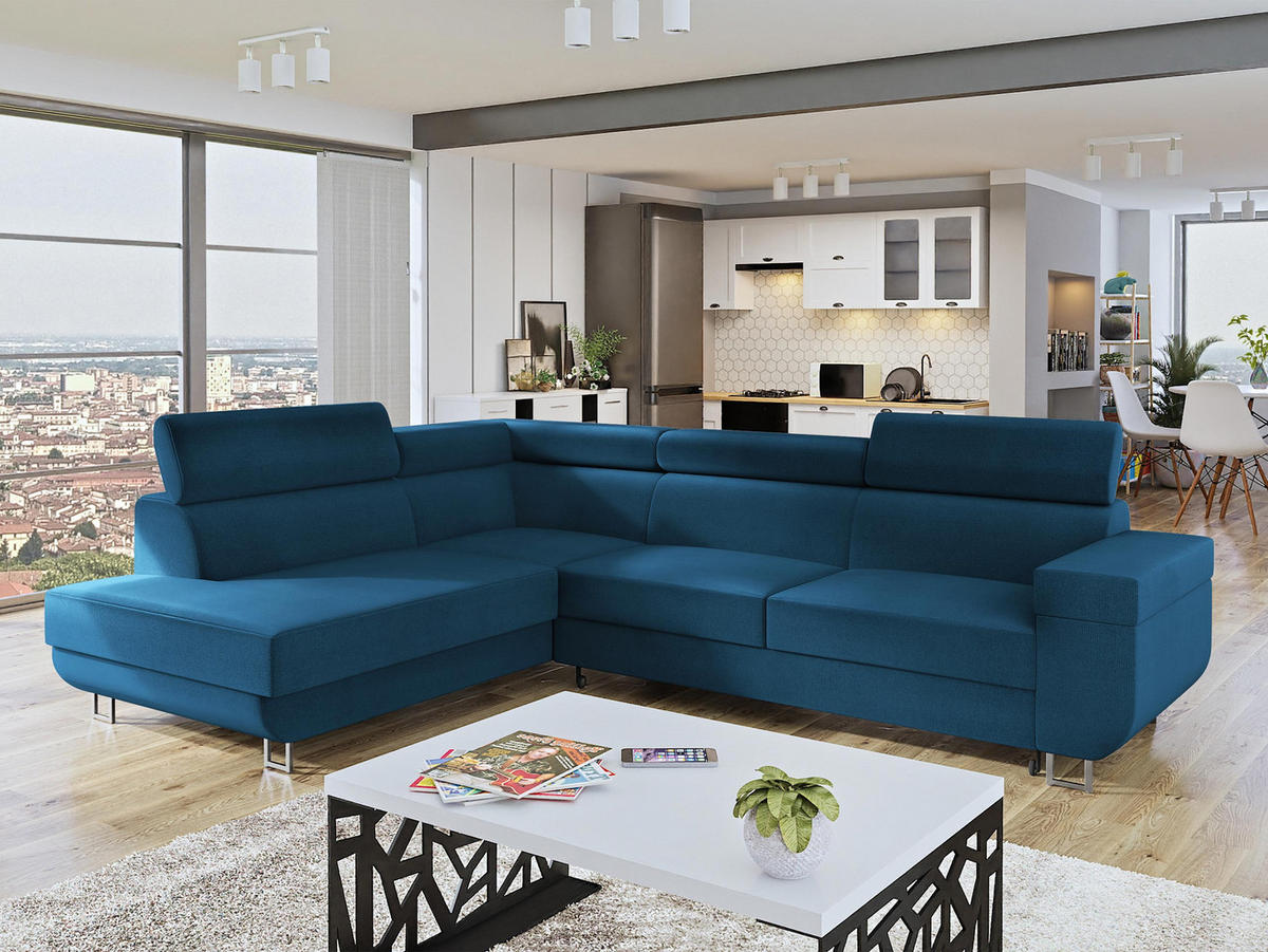 ECKSOFA Fonti, Seite: Links - Blau, Holz/Textil (253/188cm) - MIRJAN24