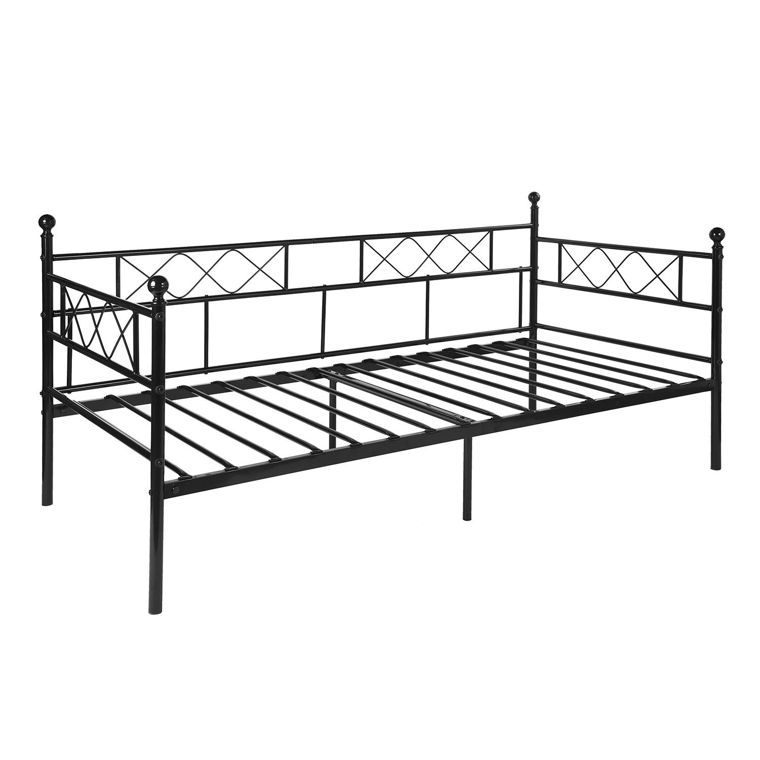 PAT PENTRU COPII, lemn de pin, design de casă, 140x190cm cu somieră cu șipci - negru, metal (198/94/95.5cm) - Urban Meuble