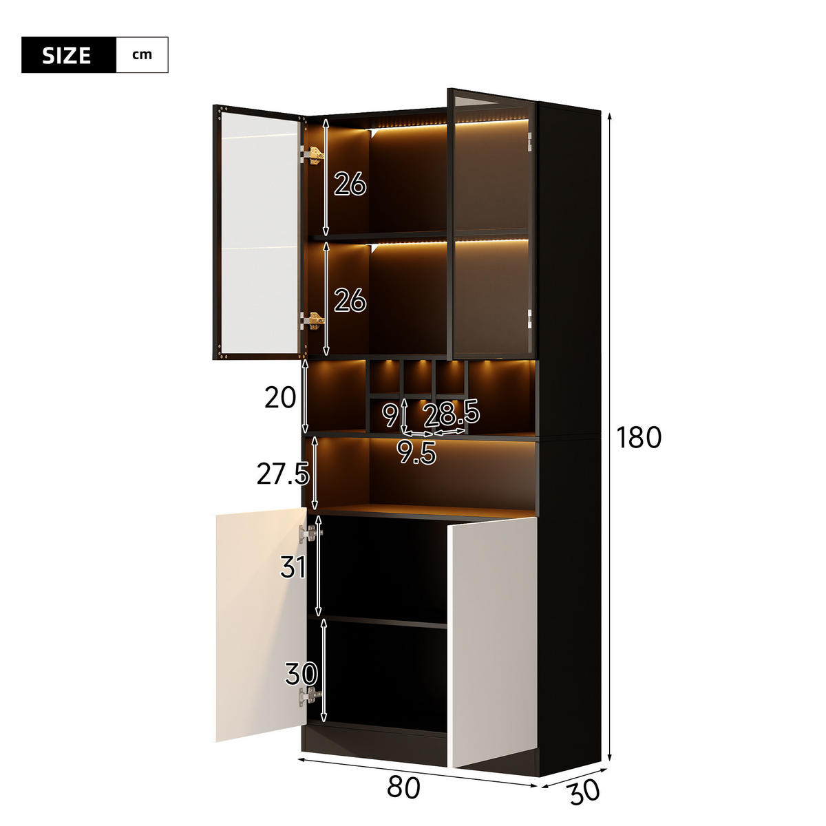 VITRINE 80x30x180 cm mit LED und 2 Glastüren - Schwarz, Holzwerkstoff (80/180/30cm) - FLIEKS