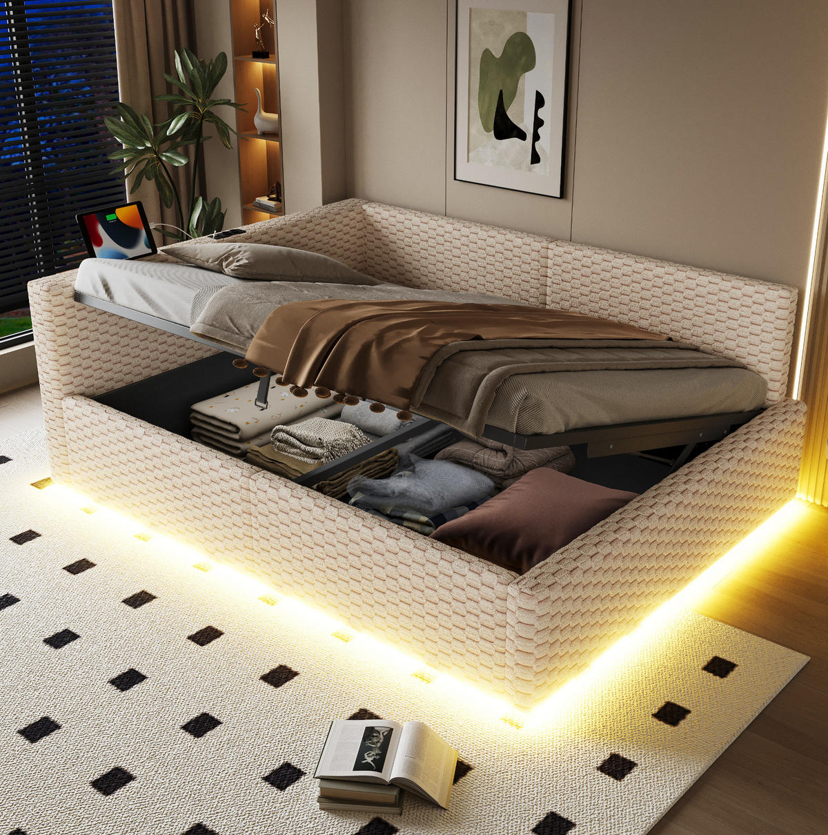 POLSTERBETT 140/200 cm in Beige mit LED, USB- und Type-C-Anschlüssen - Beige, Textil (140/200cm) - Flora Grace