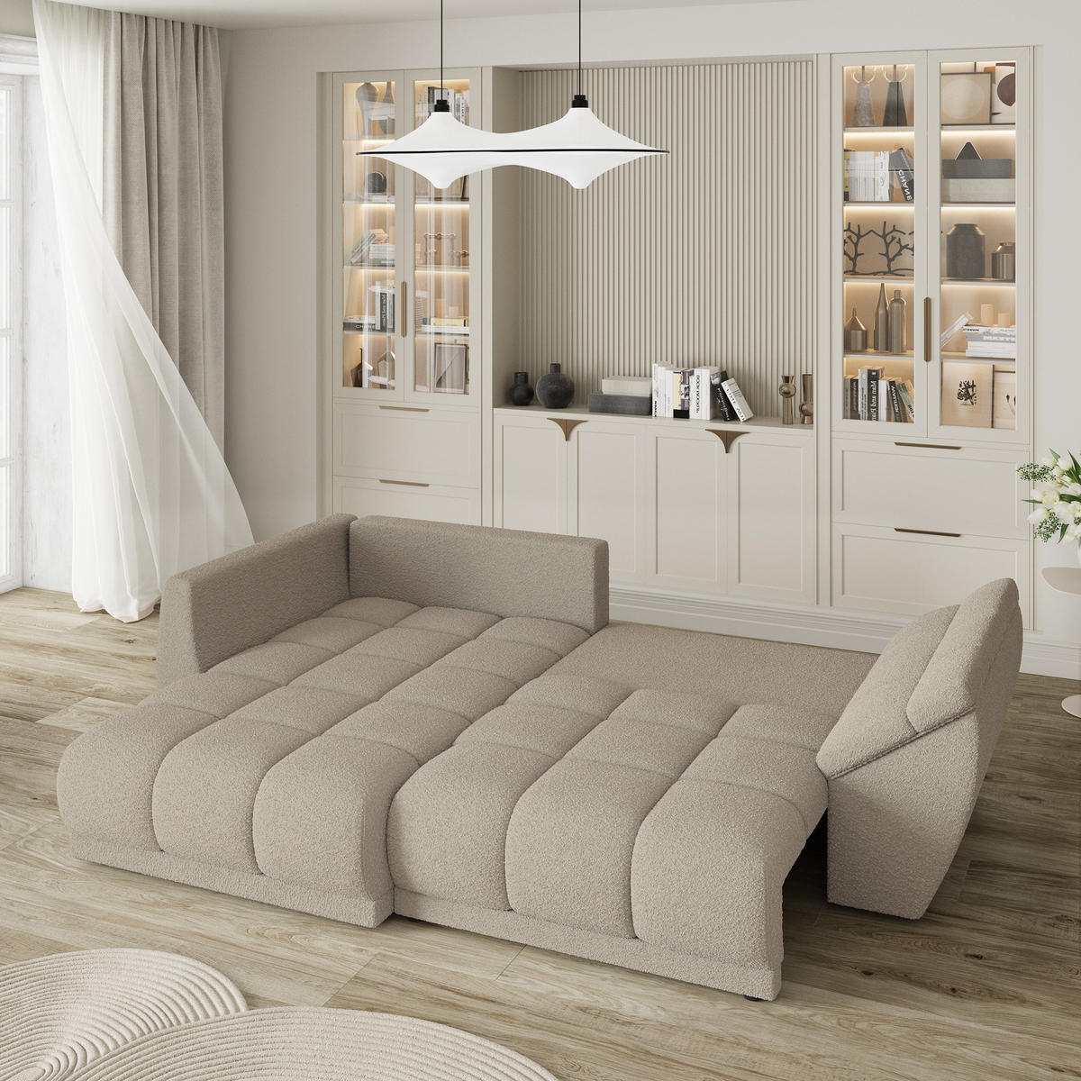 ECKSOFA ORENTI L-S Beige Boucle-Stoff mit Schlaffunktion - Beige, Holz (287/182cm) - MASSENO