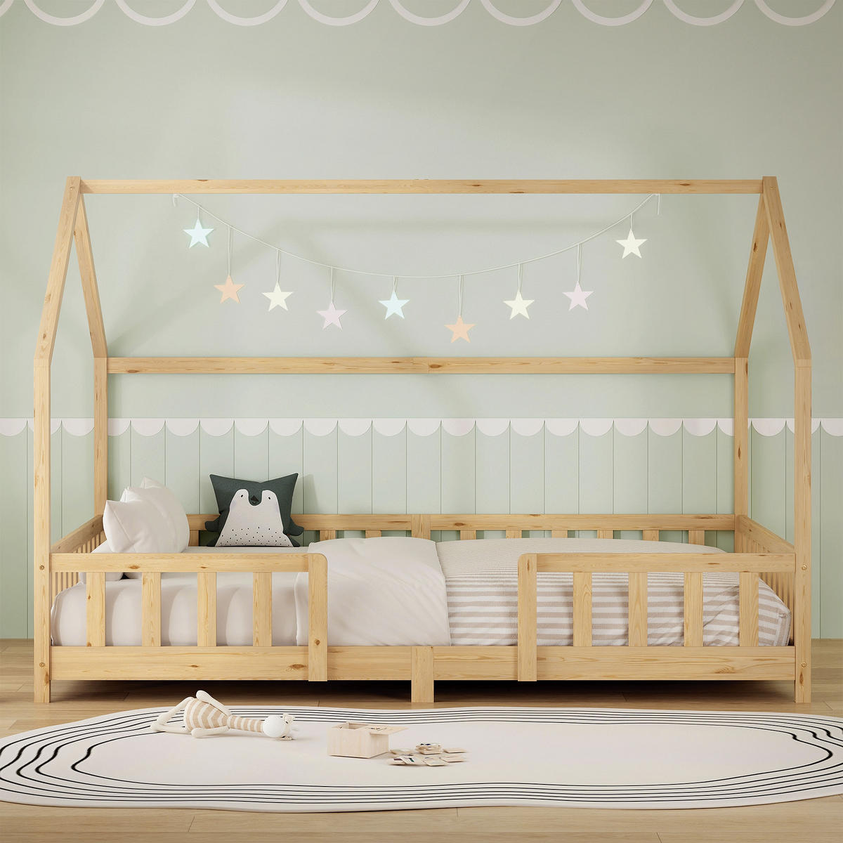 DĚTSKÁ POSTEL 140x200 cm s ochrannou zábranou v přírodním provedení z borového dřeva - přírodní, dřevo (120/200cm) - ML-DESIGN