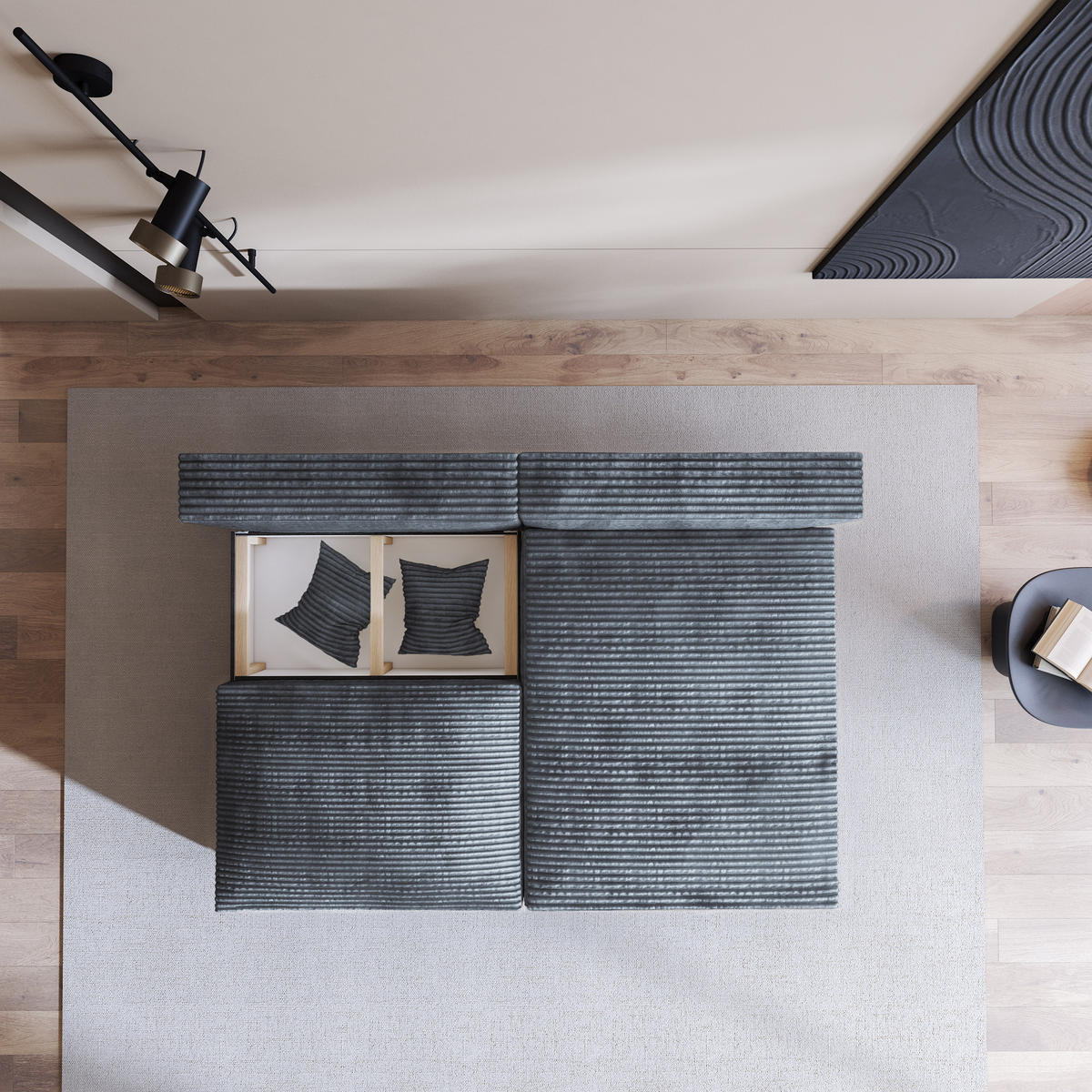 ECKSOFA FIORO Grau Kordstoff mit Schlaffunktion - Grau, Holz (204/148cm) - MASSENO