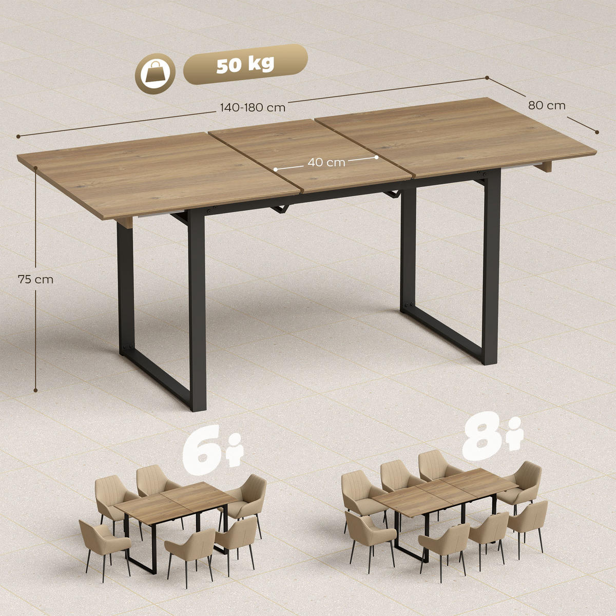 ESSTISCH Holzoptik 1 Stück - Beige, Naturmaterialien (180/80/75cm) - GiPP