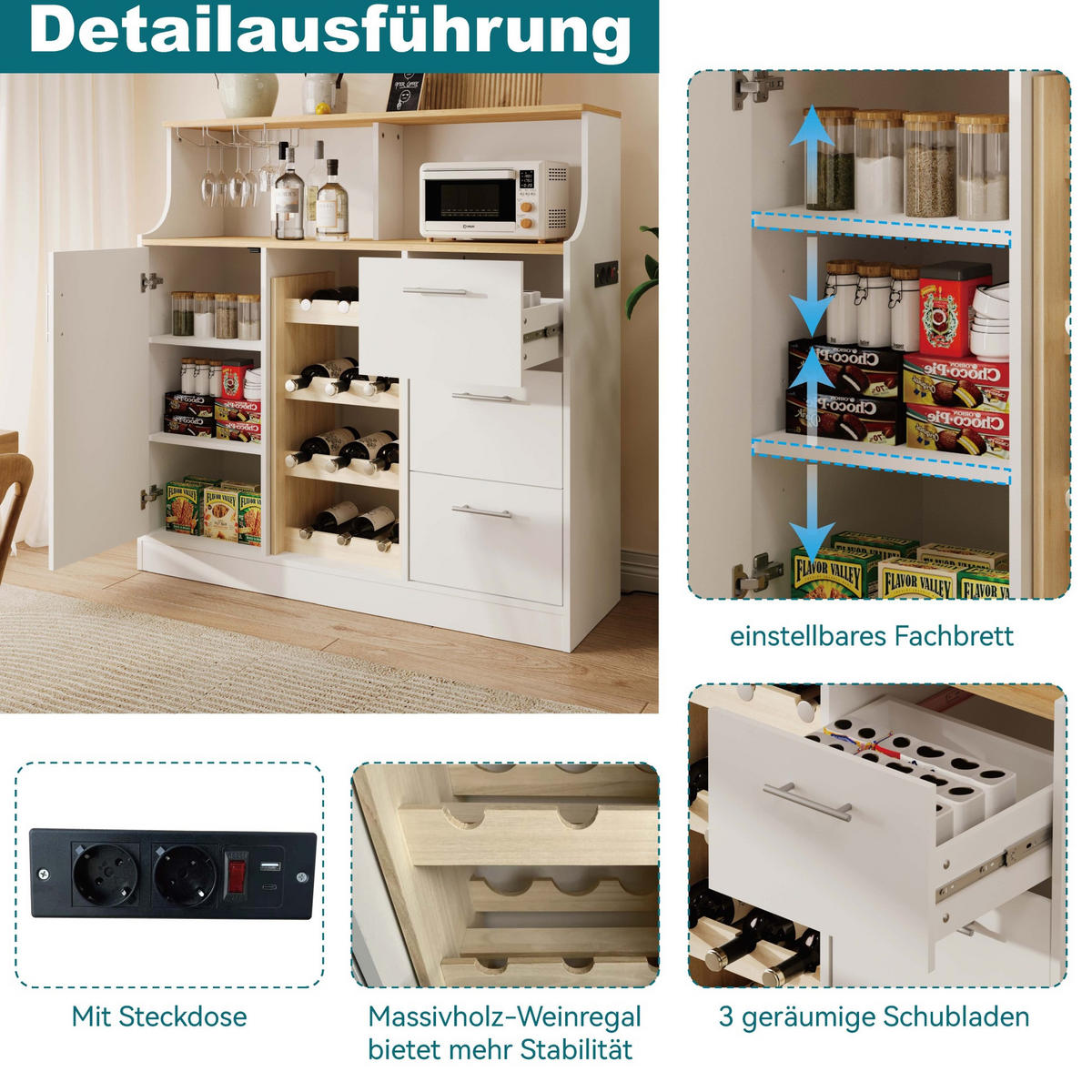 SIDEBOARD 120/40/121 cm mit Weinregal, LED und 3 Schubladen in Weiß/Natur - Weiß, Holzwerkstoff (120/121/40cm) - BEAOK