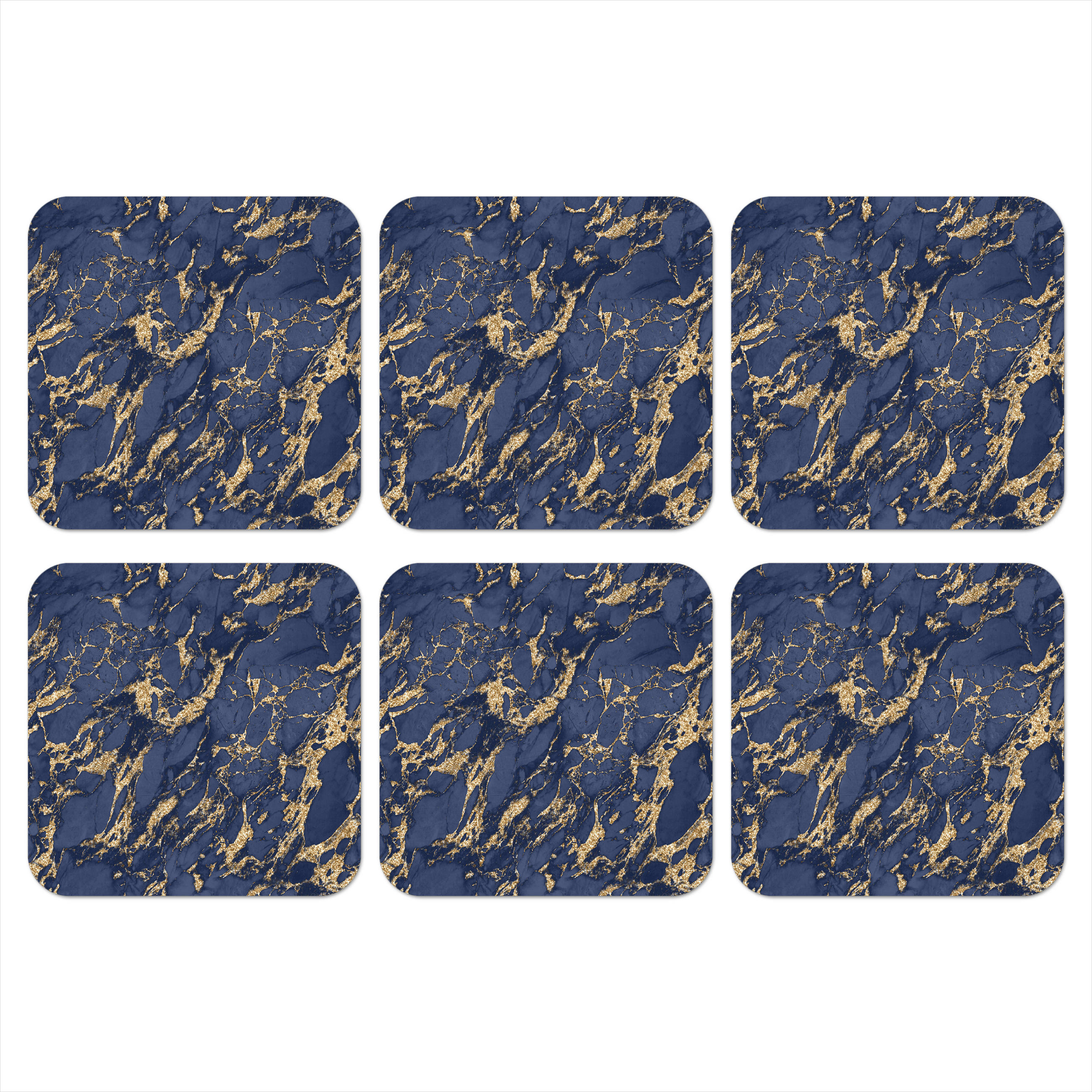GLASUNTERSETZER 6er-Set Blau - Gold - Muster - Marmor 10x10 cm - Dunkelblau, Naturmaterialien (10/0.2cm) - MuchoWow