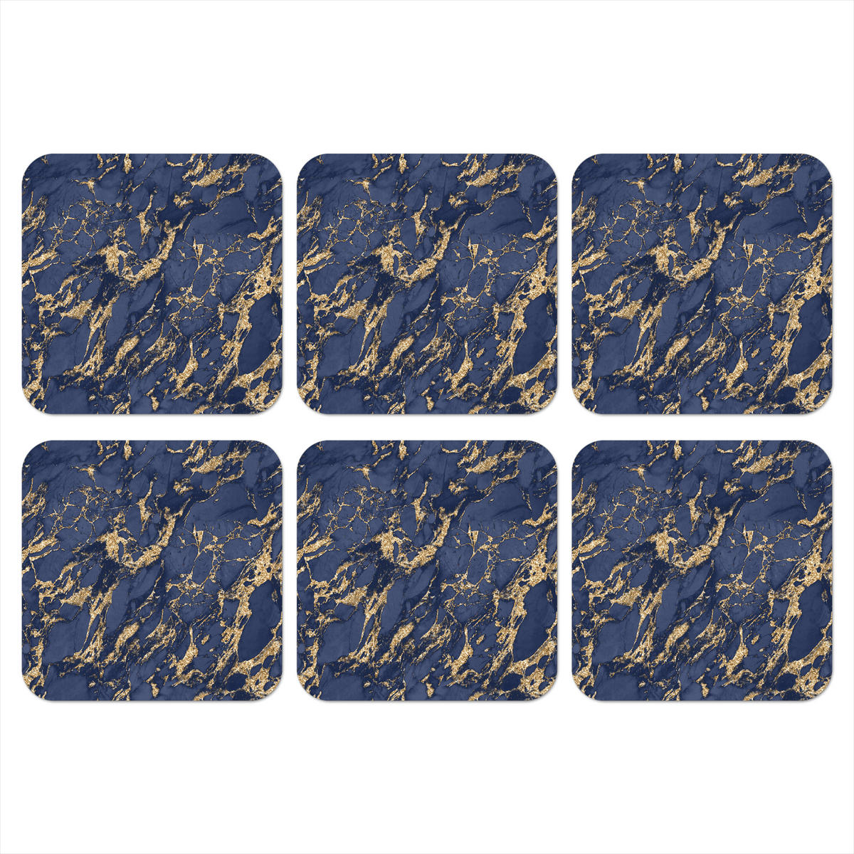 GLASUNTERSETZER 6er-Set Blau - Gold - Muster - Marmor 10x10 cm - Dunkelblau, Naturmaterialien (10/0.2cm) - MuchoWow