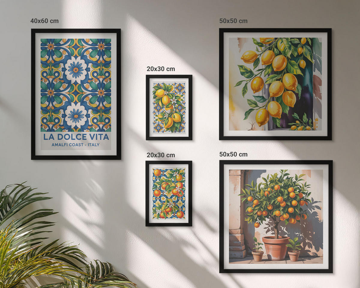 BILDER SET 5er Set - 50x50 cm & 20x30 cm & 40x60 cm Schwarzer Rahmen - Zitronenlimonade blaue Tür - Schwarz, Kunststoff (40/60cm) - TULUP