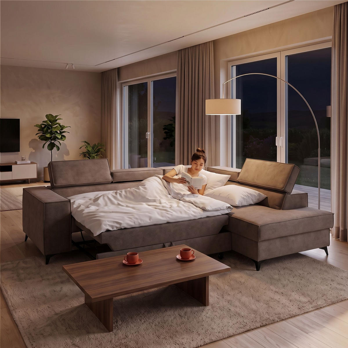 ECKSOFA PURE L Rechts mit Schlaffunktion 127x199 Velours Beige - Beige/Schwarz, Holz/Textil (204/281cm) - Muffo