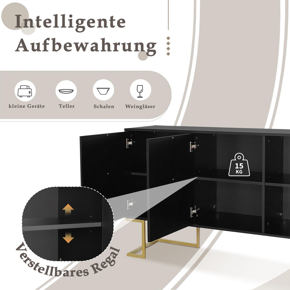 SIDEBOARD in Schwarz Anrichte mit 3 Türen und verstellbaren Regalen für Esszimmer und Küche, B138/T40/H80.5 cm - Goldfarben/Schwarz, Holzwerkstoff/Metall (138/80.5/40cm) - STILVORA