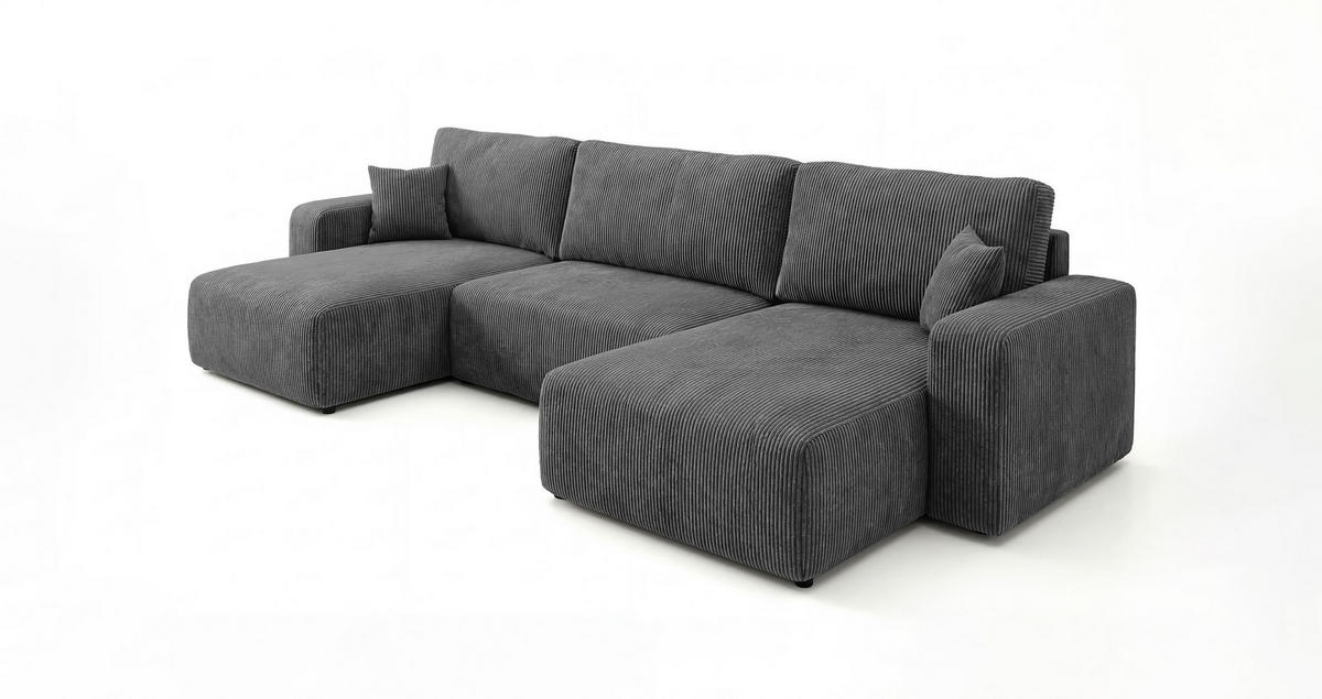 WOHNLANDSCHAFT BERLIN U-Form dunkelgrau Cord Poso 60 - Schlaffunktion, Bettkasten - Anthrazit, Textil (385/86/185cm) - Cornero