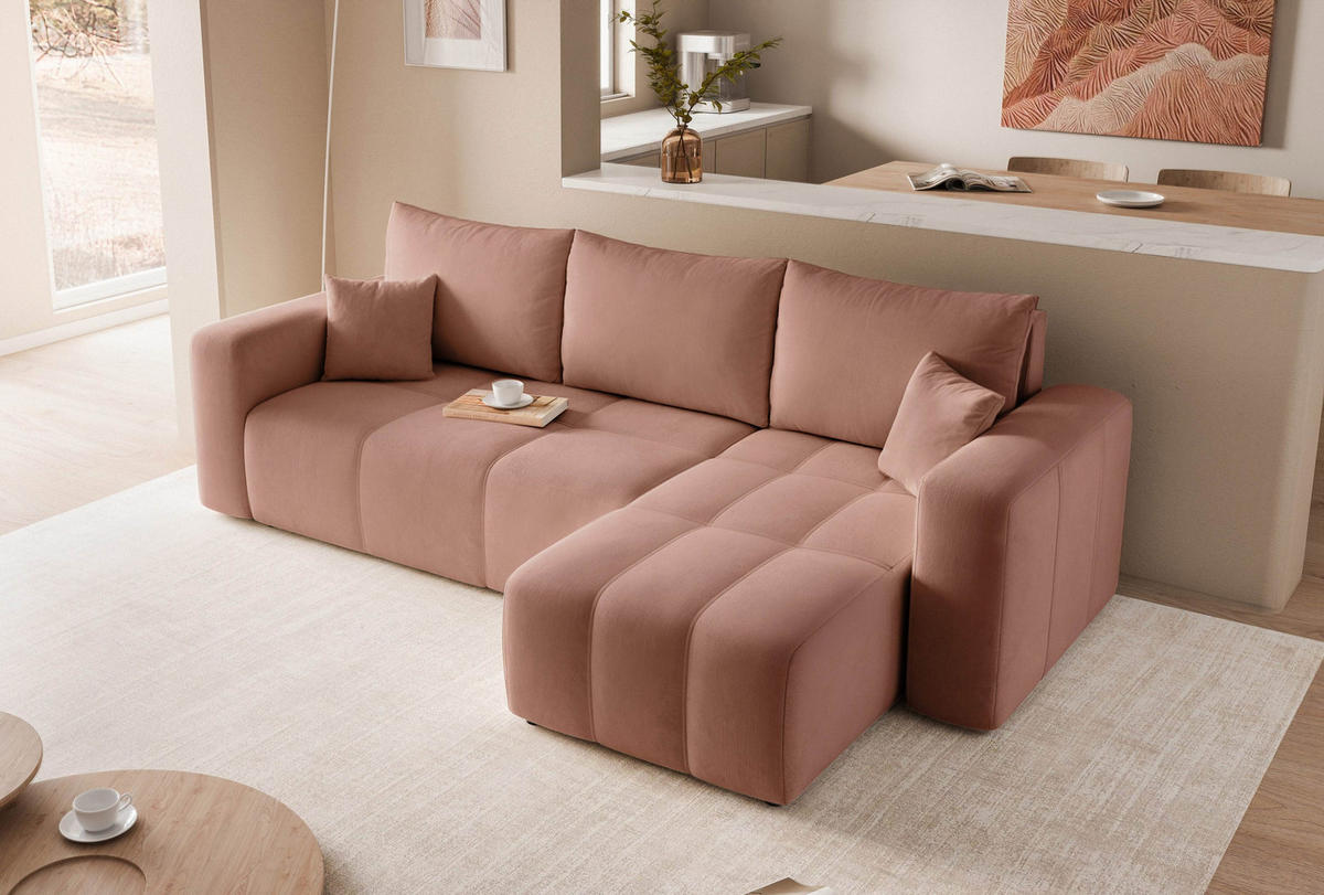 ECKSOFA Puderrosa Velours mit Bettkasten und Schlaffunktion - Rosa, Textil (248/145cm) - Idohome