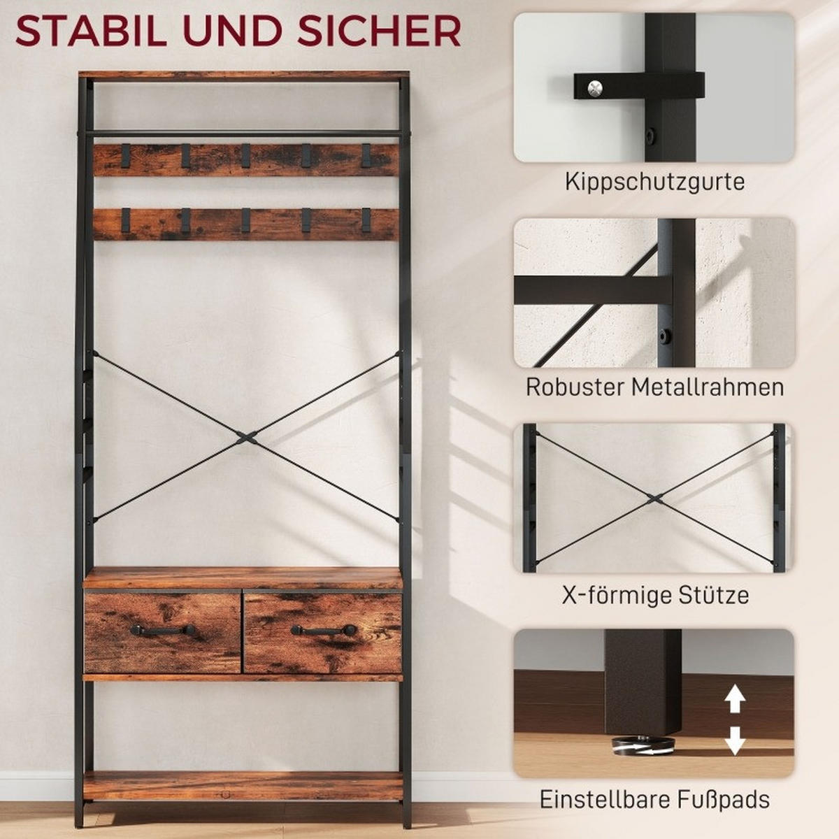 GARDEROBE mit Schuhbank 80 x 30 x 180 cm Holzoptik Braun 2 Stoffschubladen - Braun, Holzwerkstoff (30/180/80cm) - Beauniv