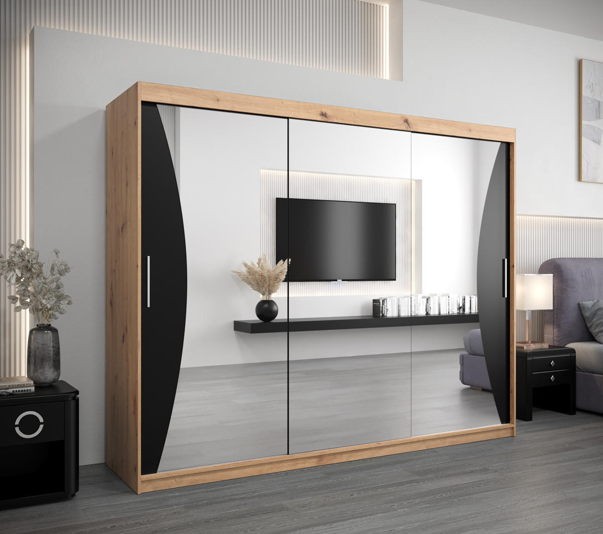 SCHWEBETÜRENSCHRANK 200/250/62 3-türig - Silberfarben/Schwarz, Holz/Kunststoff (250/200/62cm) - Abiks Möbel