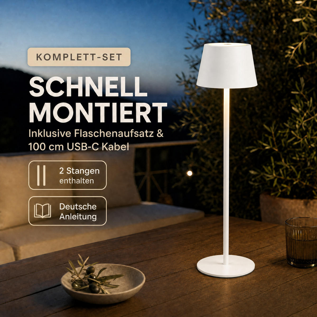 LED-TISCHLAMPE Akku 3-in-1 Weiß dimmbar Flaschenaufsatz 26/45 cm Touch IP54 - Weiß, Kunststoff (11/11/45cm) - Northpoint