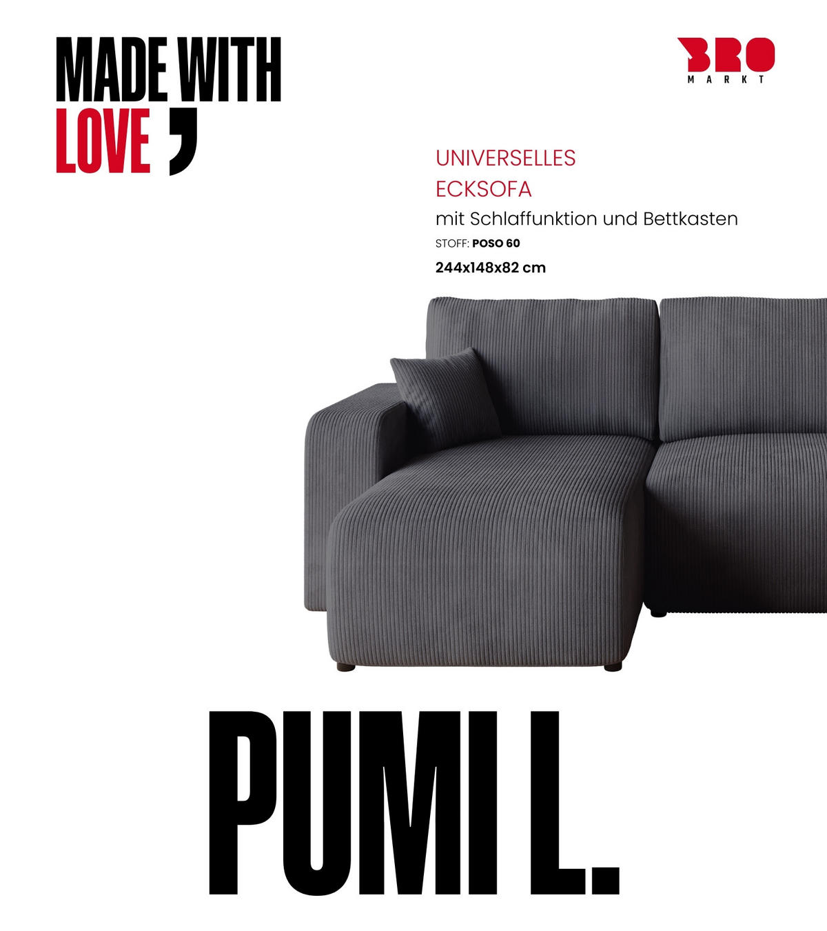 ECKSOFA PUMI mit Schlaffunktion Grau Cord - Grau, Textil (244/148cm) - Bromarkt