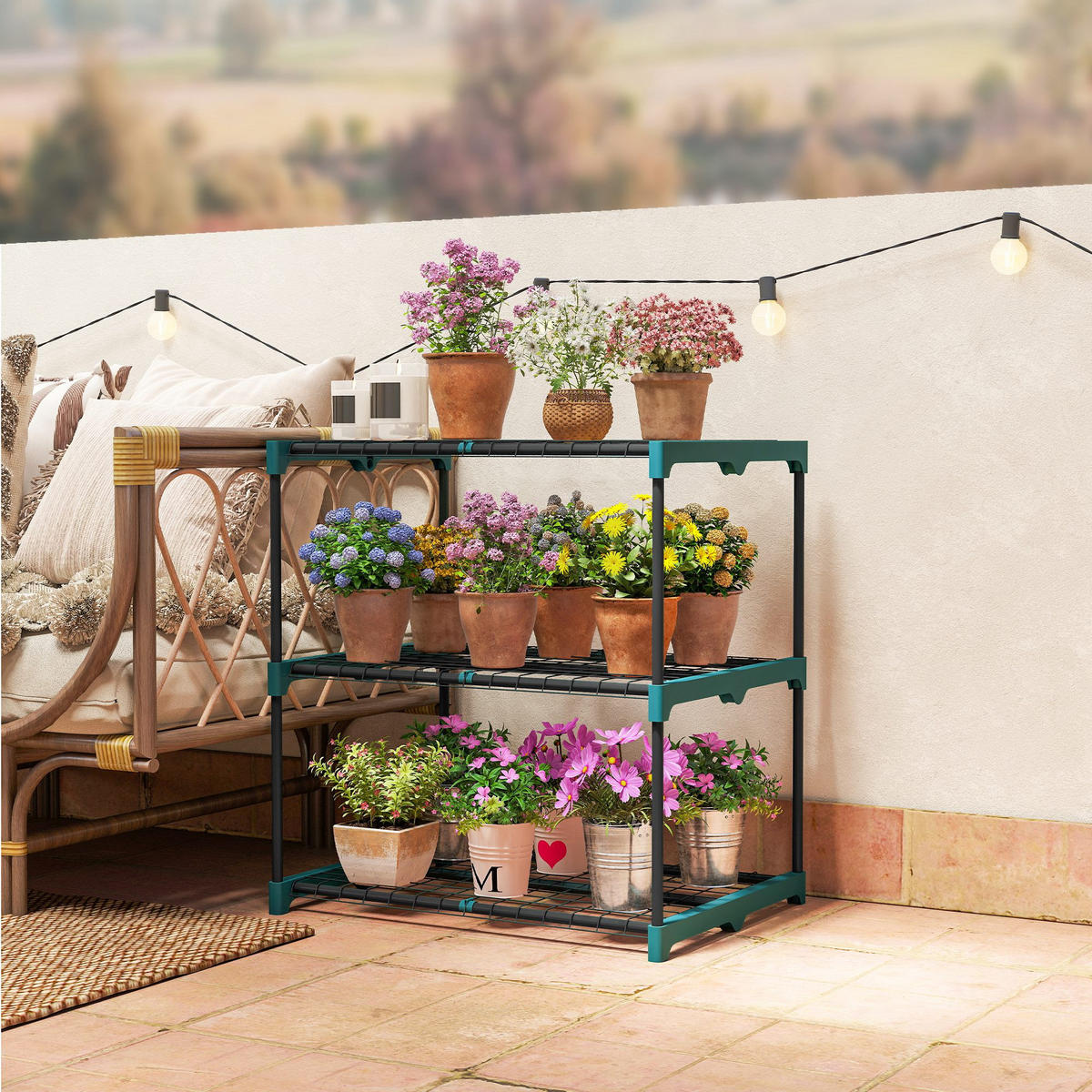 3-ETAGEN Pflanzenständer, 72 cm hoch Blumenständer für Innen Außen, Dunkelgrün - Dunkelgrün, Metall (49/72/68cm) - Outsunny