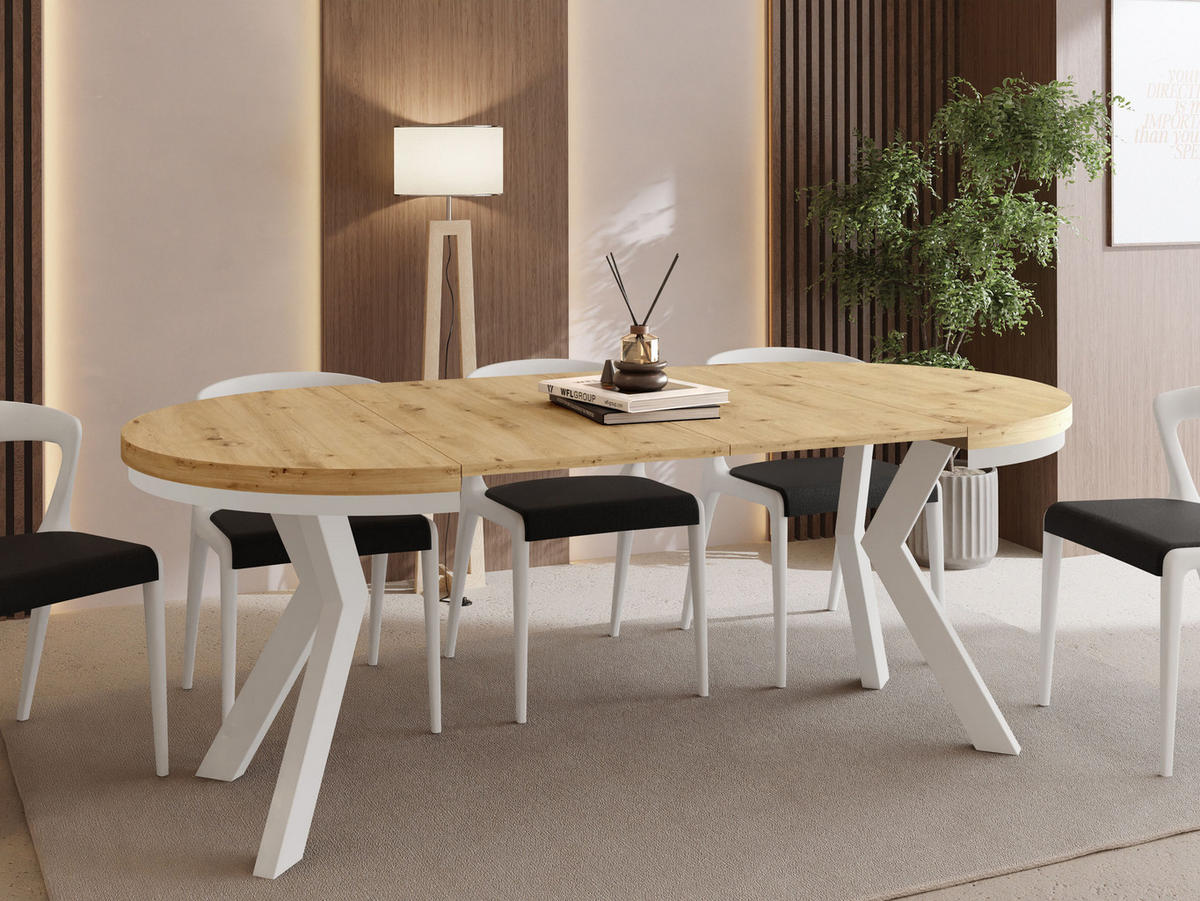 ESSTISCH Savio Weiß Neo rund ausziehbar verlängerbar XXL, Eiche Artisan Hellbraun 100-300/100/77 cm - Weiß/Eiche Artisan, Holz/Holzwerkstoff (100/100/77cm) - WFL GROUP