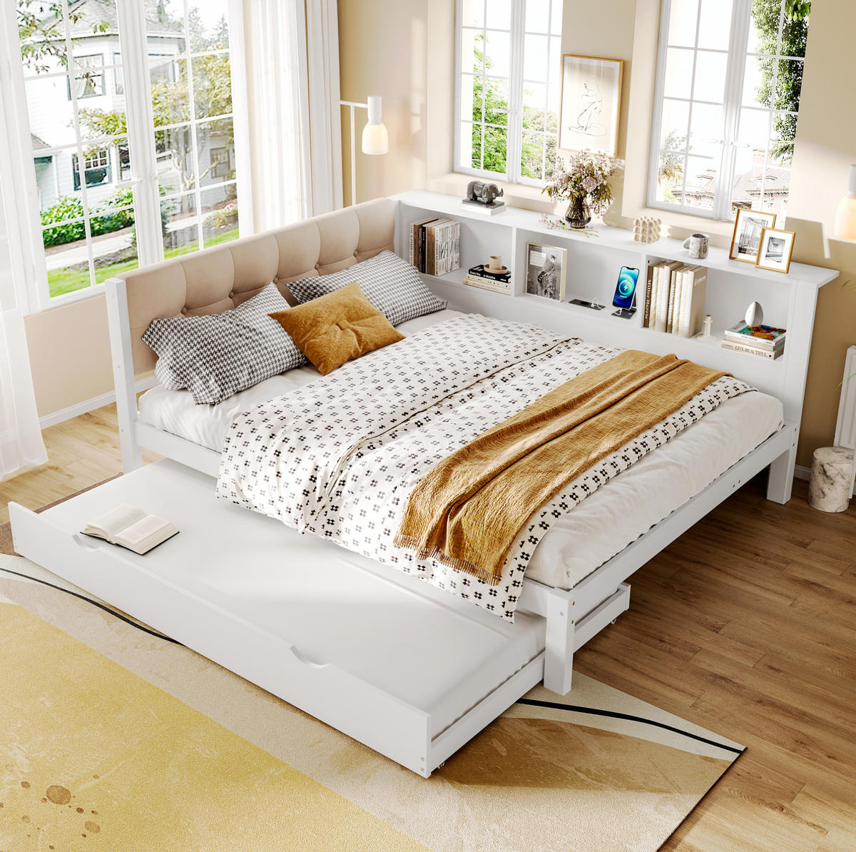 POLSTERBETT aus Kiefernholz 140x200 cm in Weiß mit Ausziehbett, LED & USB - Weiß, Holz (140/200cm) - Modfu