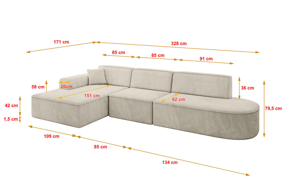 ECKSOFA Ottomane Links IREA-L2-v3 - 328x171x79 cm Dunkelgrau - Ecru, Holzwerkstoff/Textil (328/171cm) - ALTDECOR