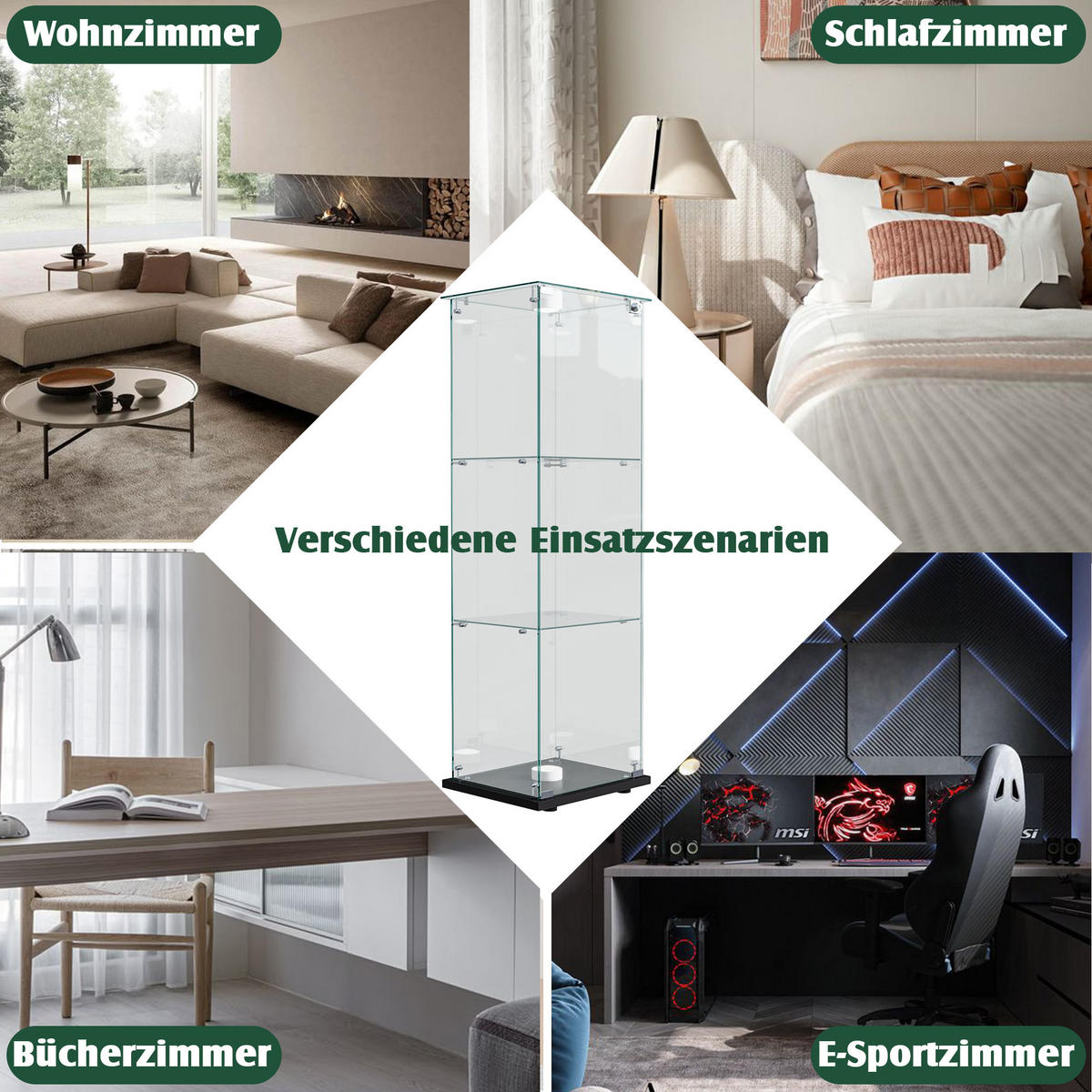 VITRINE, 3 Einlageplatten, einflügelige Glastür mit Schloss, Touch-Spot-Leuchten, Schwarz - Schwarz, Glas (39.8/123.3/35cm) - BRILVERDE