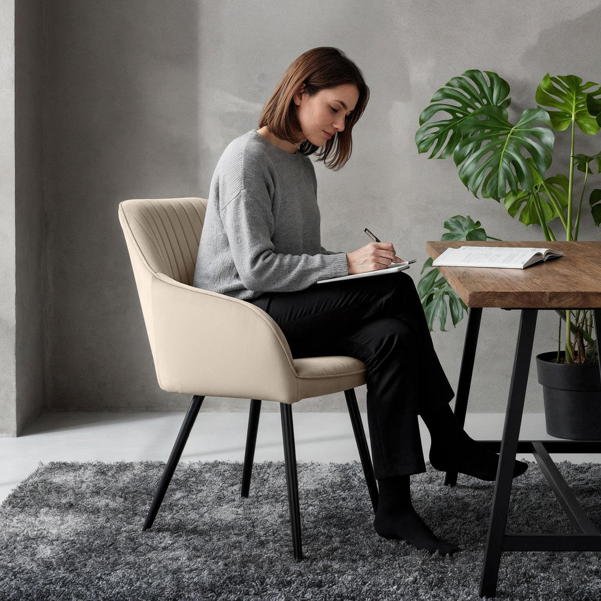 POLSTERSTUHL 2er Set, Metallbeine Creme, Schwarz 54,5/82/58 - Creme/Schwarz, Textil (55/82/58cm) - RAUMHIRSCH FURNITURE