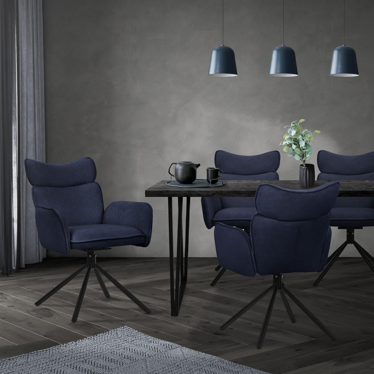 ESSZIMMERSTÜHLE 4er Set drehbar Dunkelblau mit Stoffbezug - Schwarz/Dunkelblau, Textil/Metall (63/89/68cm) - ML-DESIGN