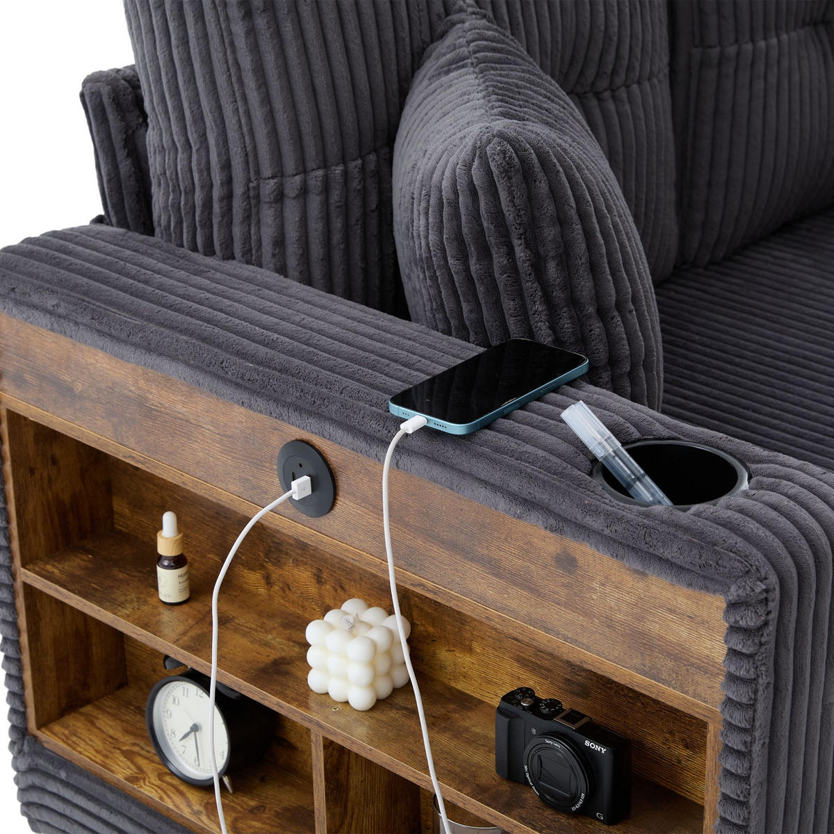 SCHLAFSOFA 3-er Sofa mit Schlaffunktion,Aufbewahrungshocker,Cord,Dunkelgrau - Dunkelgrau, Textil (196/85/119cm) - LVHOM