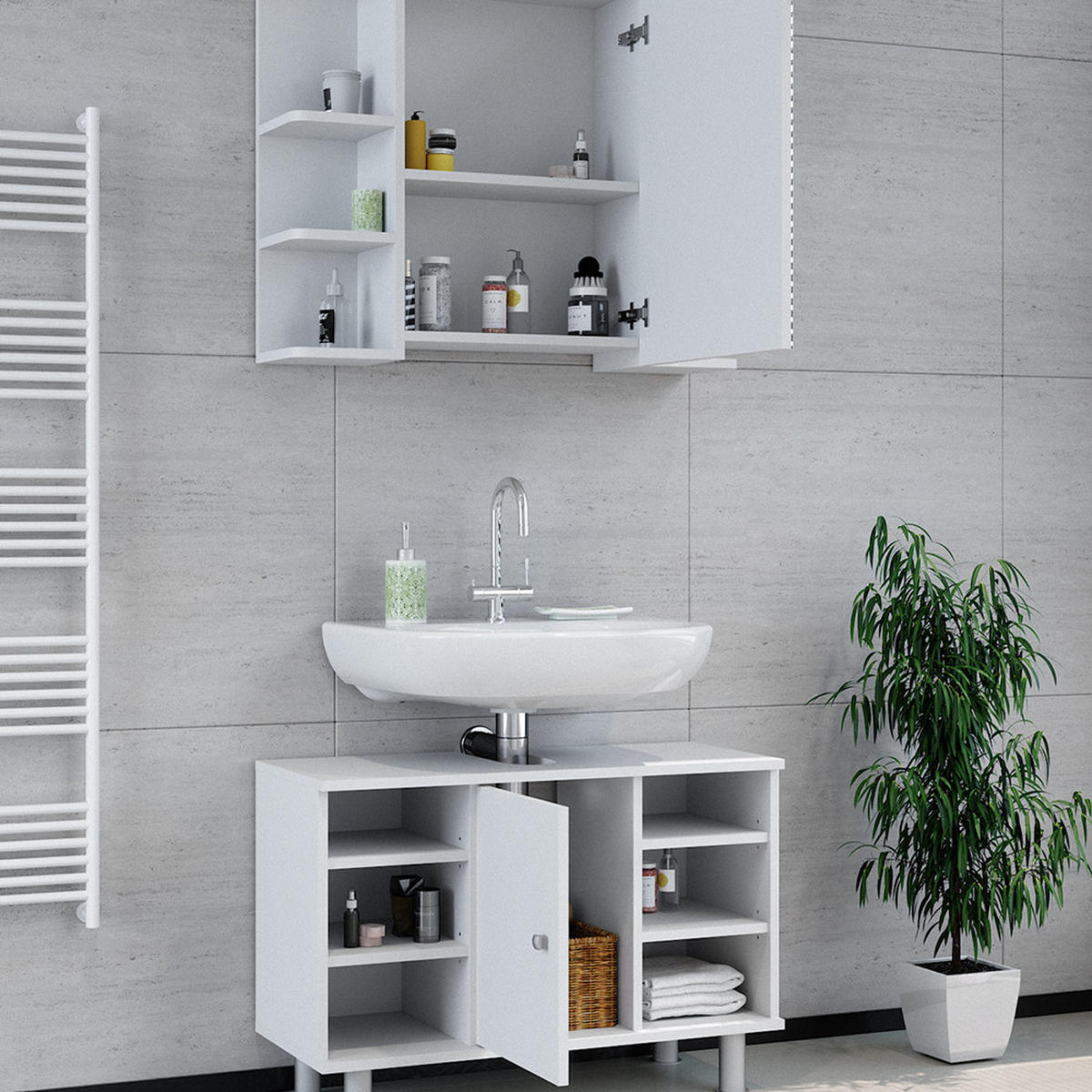 BADMÖBEL-SET Fynn Weiß 2 Teile, Unterschrank 80 cm - Weiß, Holzwerkstoff (60/54/32cm) - Vicco
