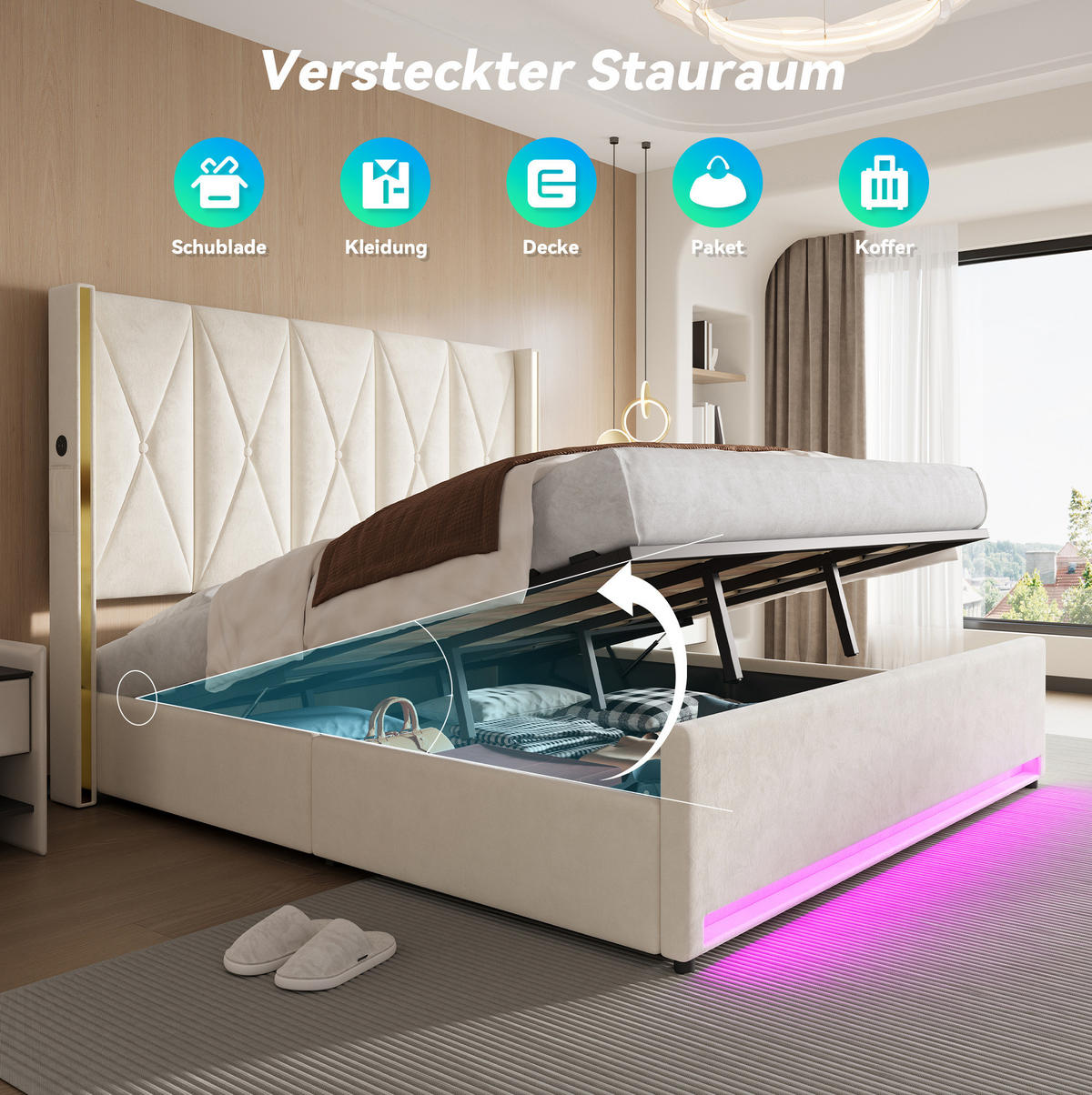 POLSTERBETT 180/200 cm in Beige aus Samt mit Stauraum und LED-Beleuchtung - Beige, Textil (180/200cm) - Flora Grace