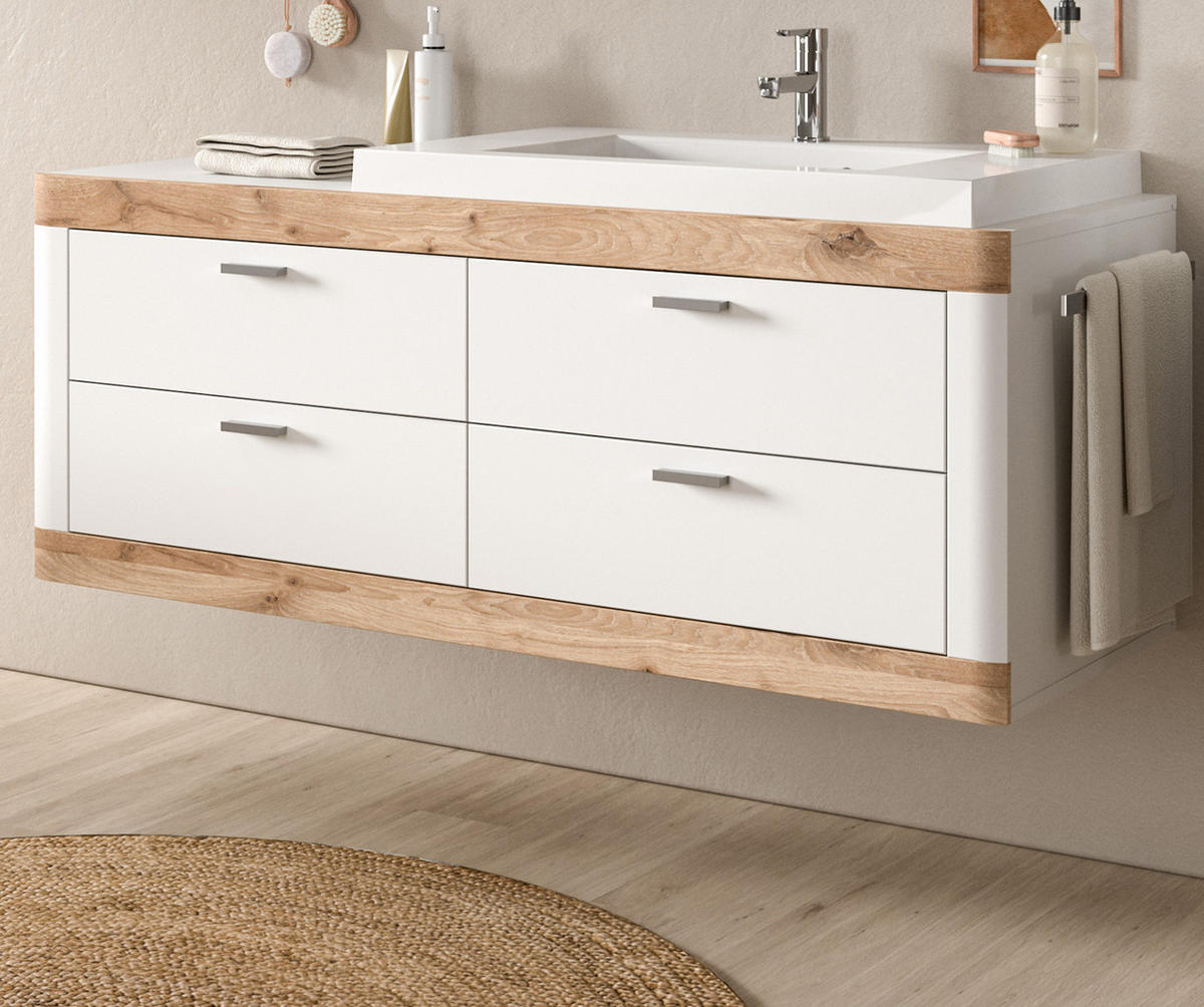 WASCHTISCHKOMBI weiß und Eiche, Waschtisch hängend mit Waschbecken, Breite 166 cm, Soft-Close - Eichefarben/Silberfarben, Holzwerkstoff/Kunststoff (132/50/48cm) - Inn.Furn