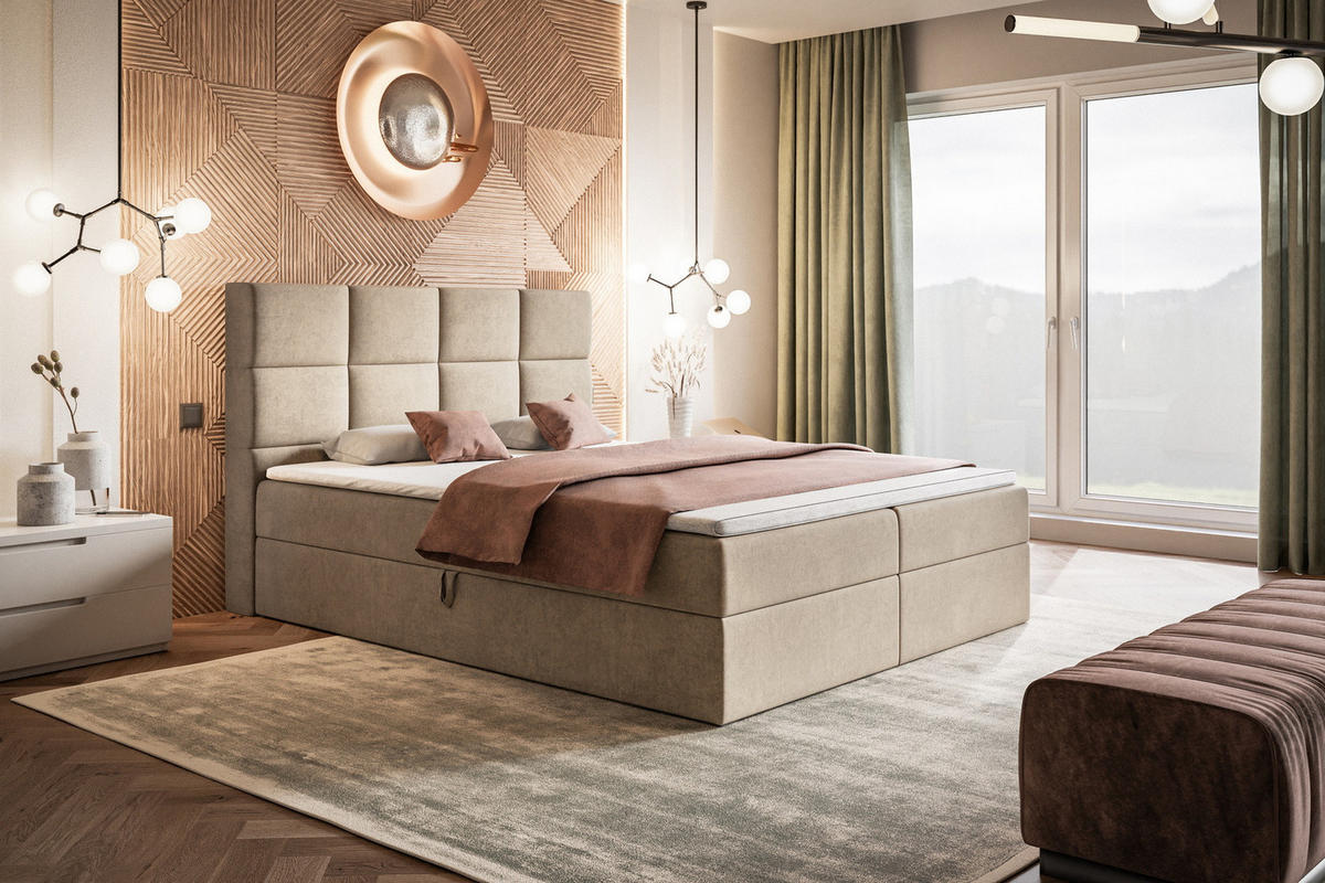 BOXSPRINGBETT mit Topper 180x200 Solo, Bettkasten, Matratze, Beige - Beige, Holz/Textil (180/200cm) - Emporius