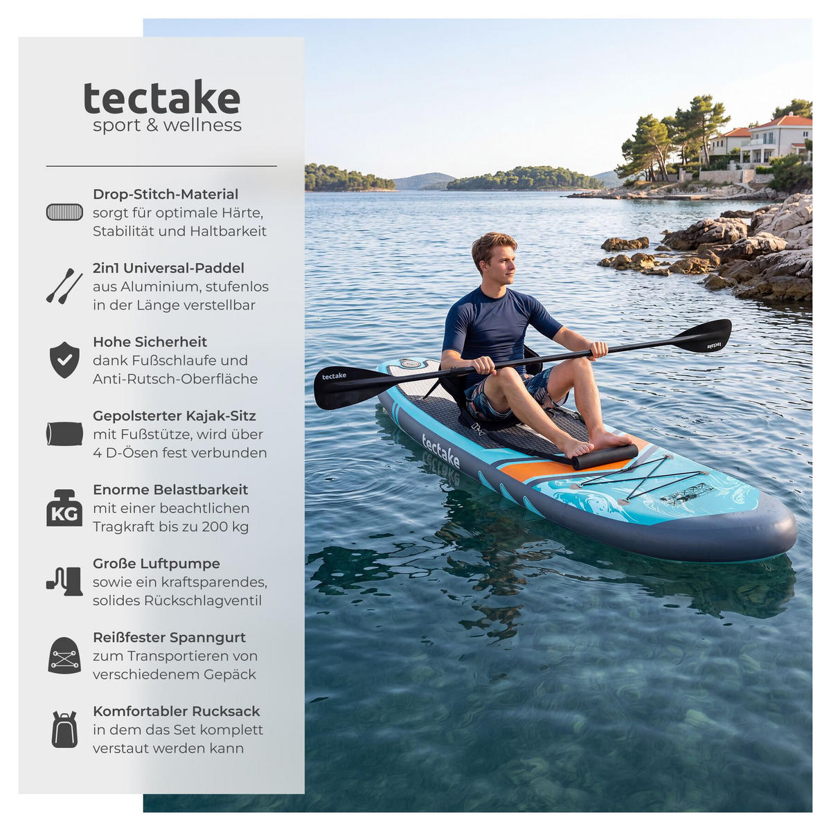STAND-UP-PADDLE-BOARD 2in1 , 288 x 77 x 22,5 cm, türkis/orange - Türkis, Kunststoff (288/77/0.23cm) - tectake