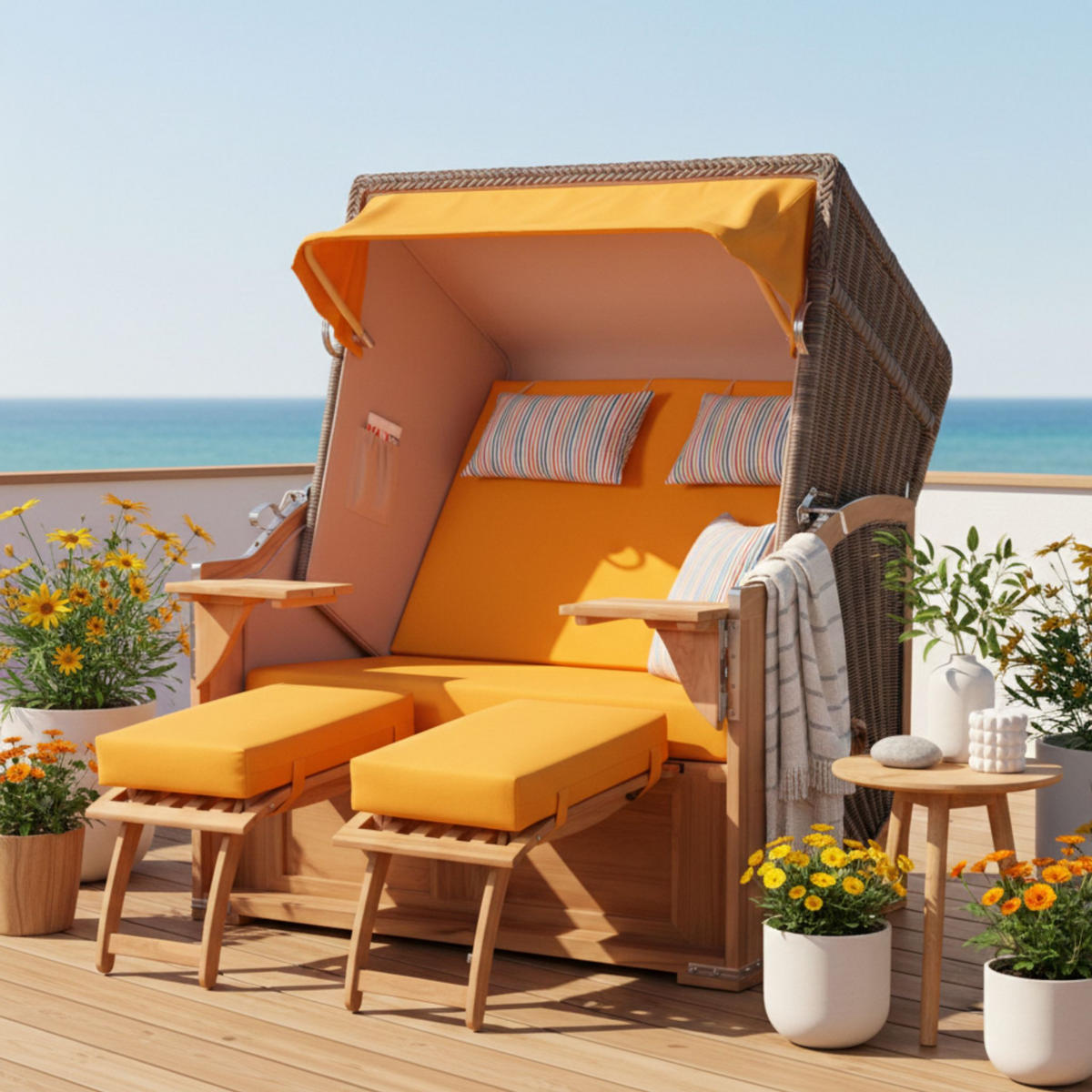 STRANDKORB SEEBLICK 2 Sitzer Teak - Gelb/Braun, Metall (125/170/80cm) - Mr. Deko