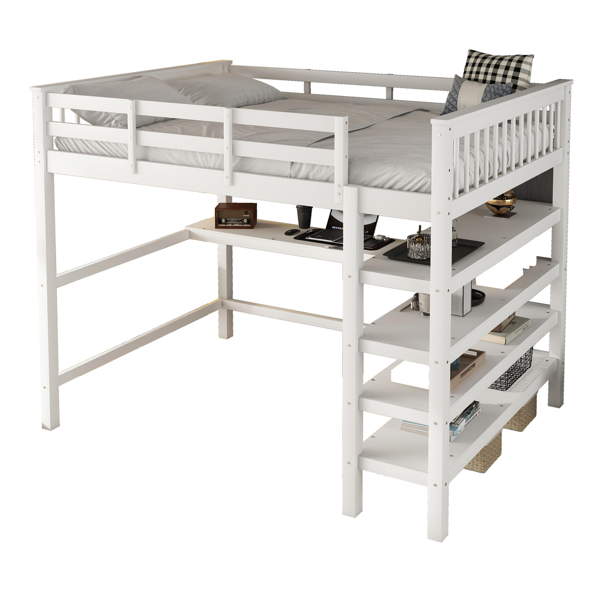 HOCHBETT 140/200 cm, Weiß mit Ablagefächern und Schreibtisch ohne Matratze - Weiß, Holz (140/200cm) - MIVRAY