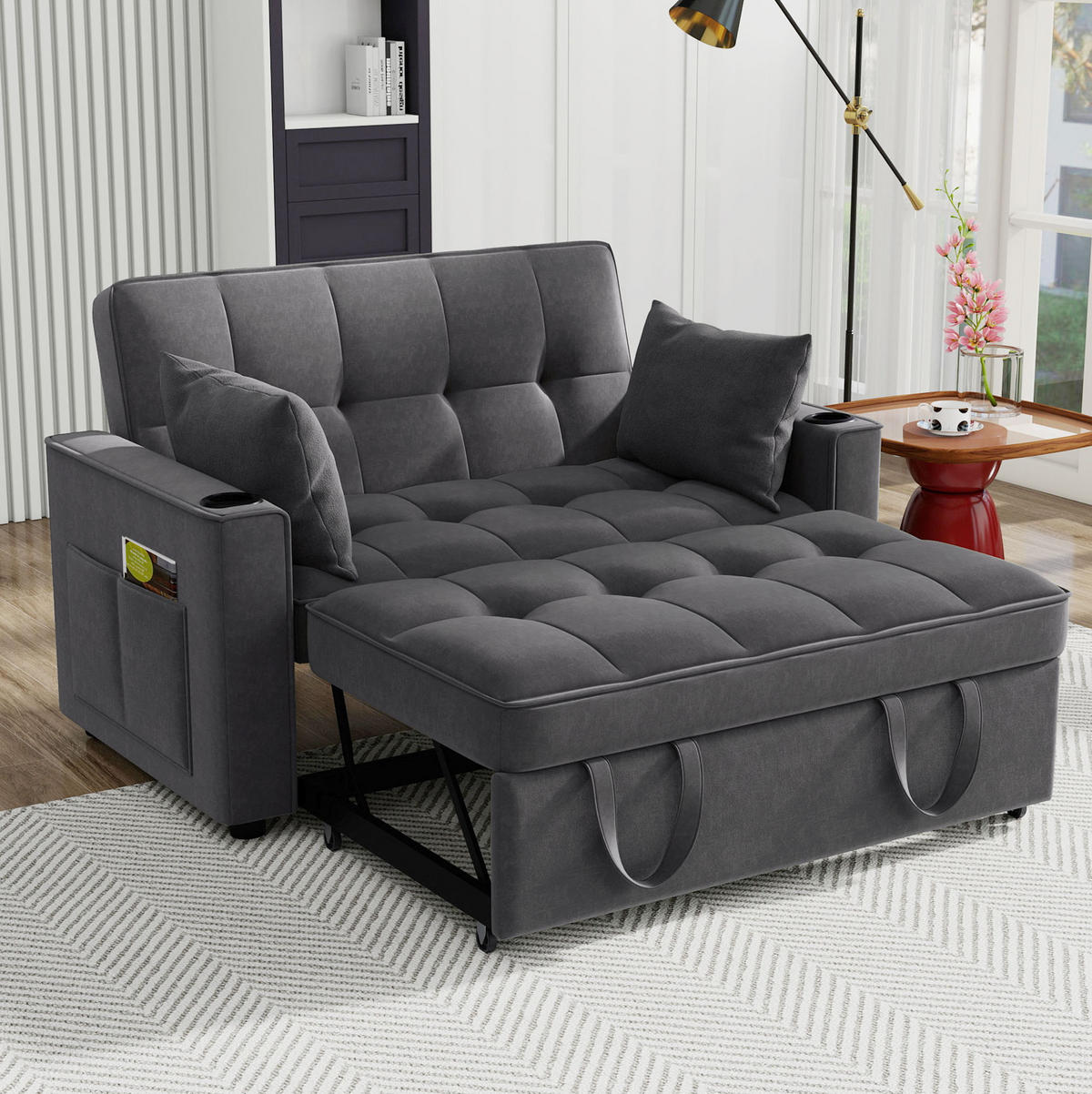 SCHLAFSOFA Samt mit Schlaffunktion und Getränkehaltern Grau 137/76,5/83 cm - Grau, Textil (83/137/76.5cm) - Redom