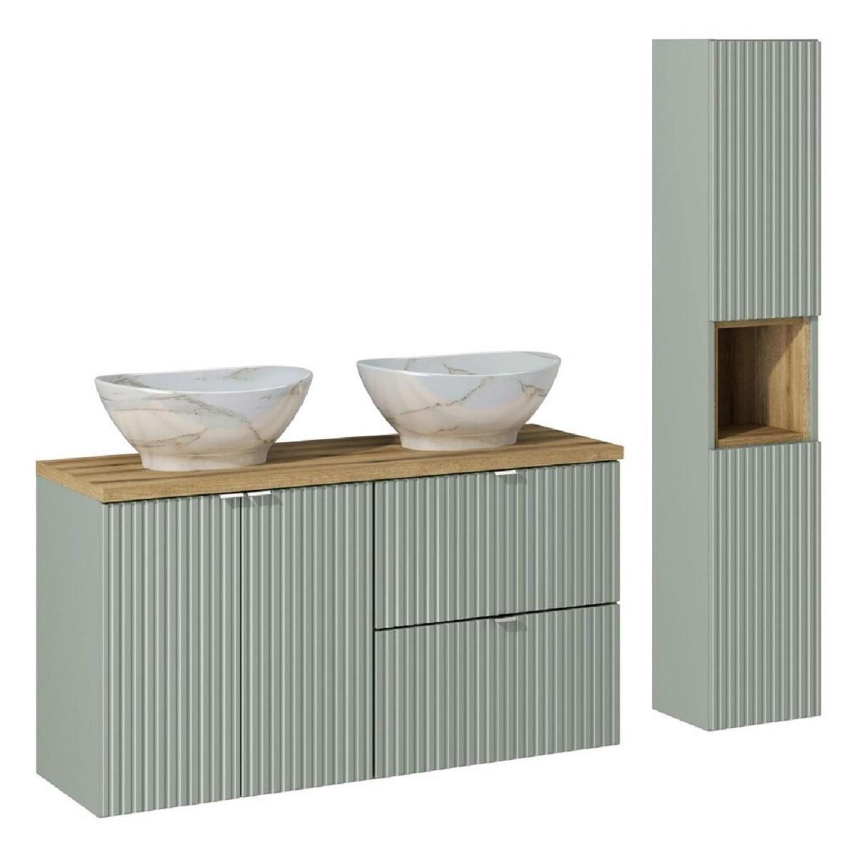 BADMÖBEL-SET 7 Teile - Line Reed Green L BM71 in Schilfgrün/ Evoke Eiche - Eiche Artisan/Grün, Holz/Metall (120/140/40cm)