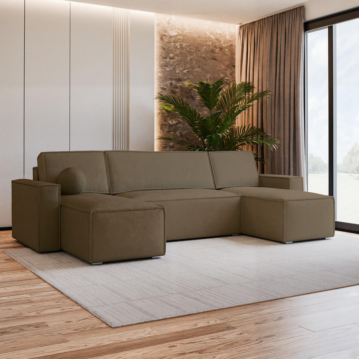 WOHNLANDSCHAFT PESANO M Beige Velours-Stoff mit Schlaffunktion - Beige, Holz (306/85/140cm) - MASSENO
