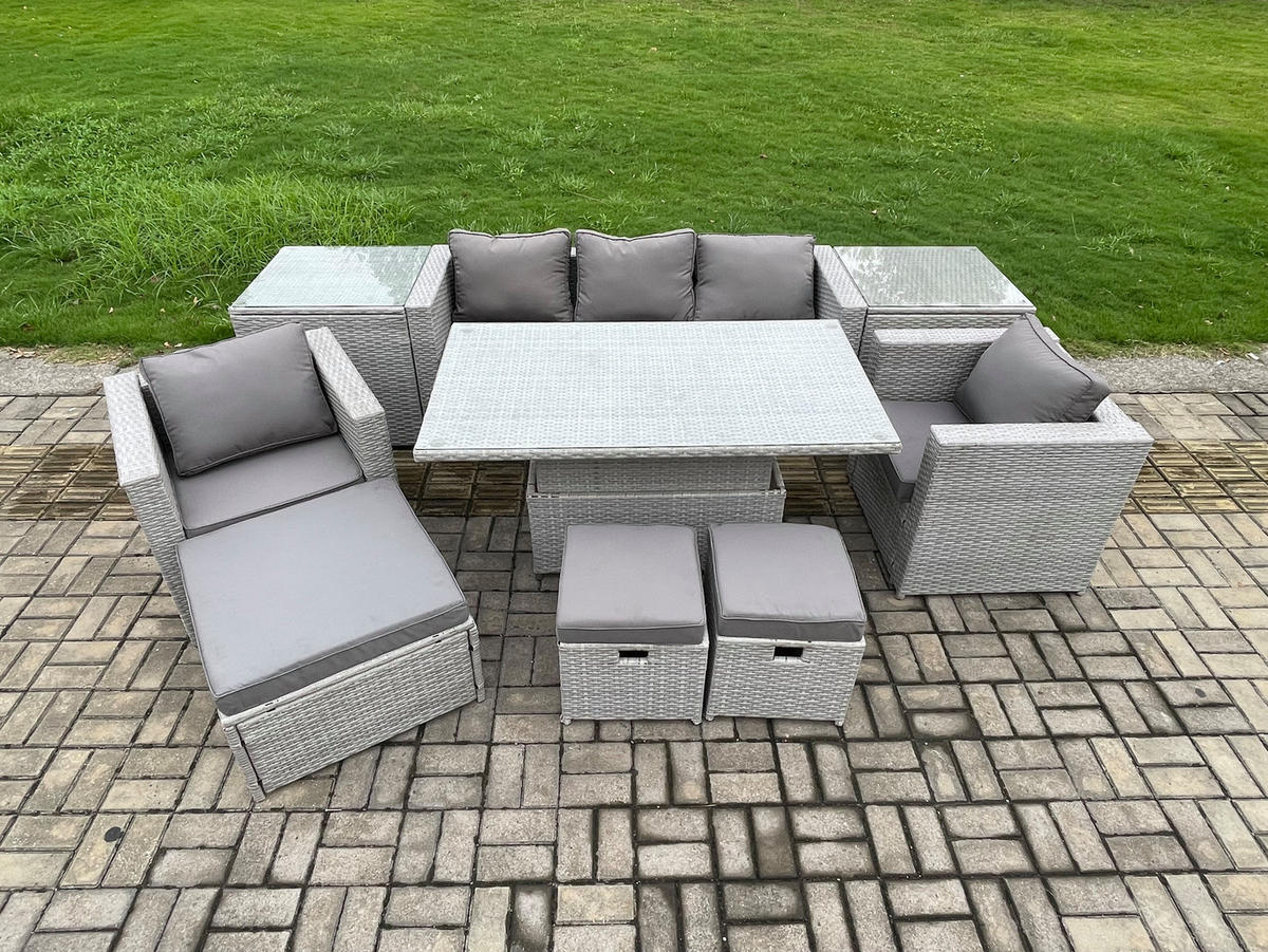 GARTENMÖBEL SET mit höhenverstellbarer Tisch Polyrattan Helles Grau 8-Sitzer - Hellgrau, Metall - Fimous