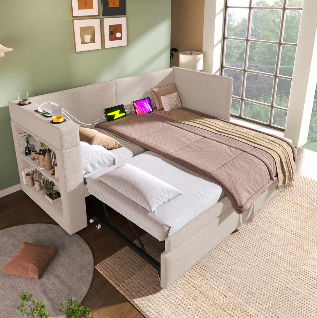 POLSTERBETT 90/200 cm Beige aus Baumwolle und Leinen mit Ausziehbett - Beige, Textil (90/200cm) - OKMYHOME