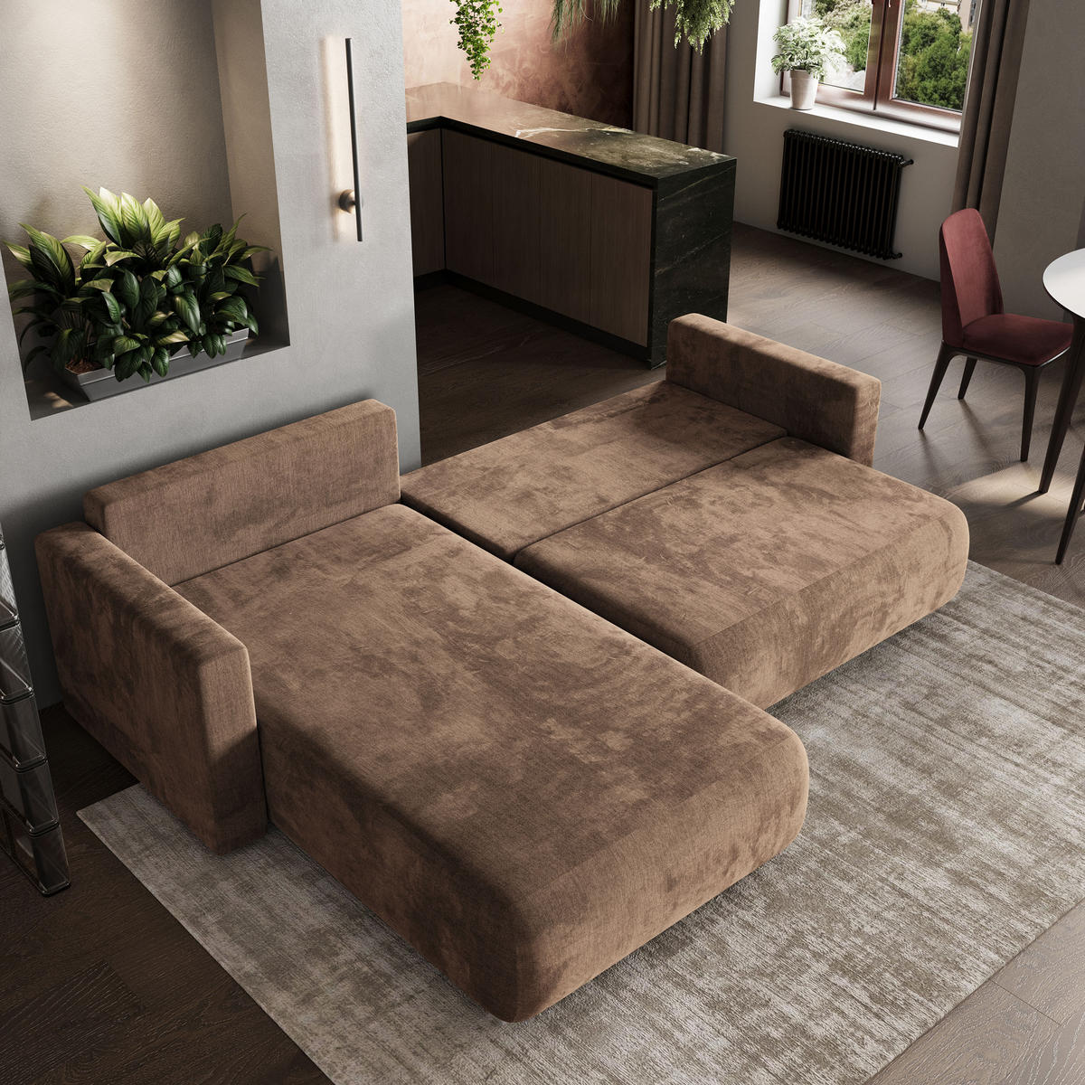 ECKSOFA TURIN M Beige Velours-Stoff mit Schlaffunktion - Beige/Grau, Holz/Kunststoff (265/183cm) - MASSENO