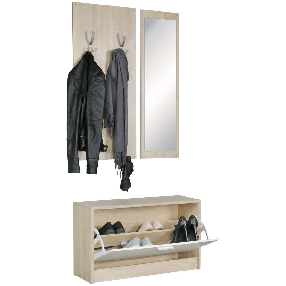 WANDGARDEROBE mit Spiegel, 10 Haken und Platz für 8 Paar Schuhe DELFT, Beige 80x27x180 cm - Beige, Holz (80/180/27cm) - KADIMA DESIGN