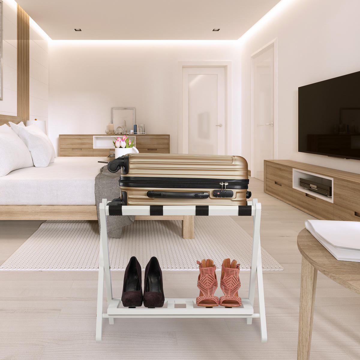 KOFFERSTÄNDER - Weiß, Holz/Textil (66/54.5/44.5cm) - Relaxdays