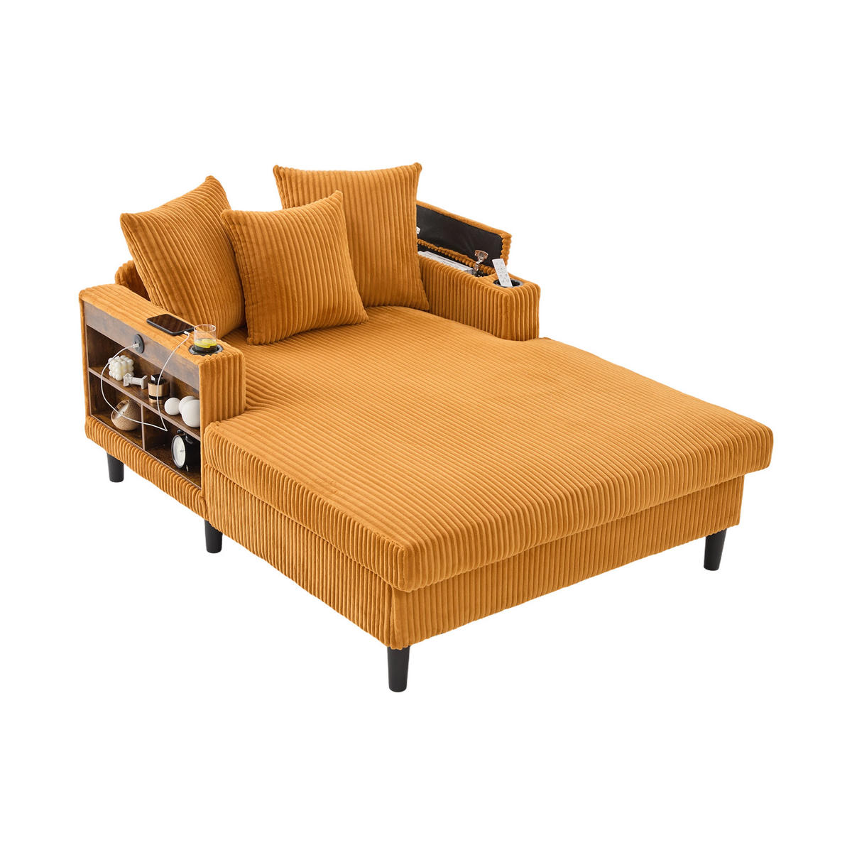 CHAISELONGUE mit USB und Stauraum 129 x 170 cm Cord Mustard Yellow - Gelb, Holz (170/70/129cm) - Meubliv