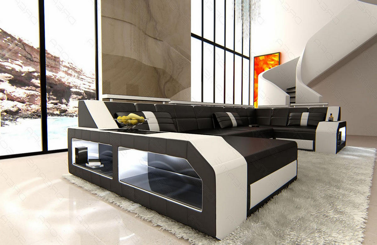 WOHNLANDSCHAFT Arezzo U - Schwarz/Weiß, Leder (380/86/197cm) - Sofa Dreams