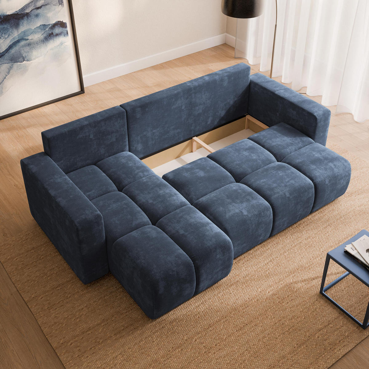 ECKSOFA RAMIL Blau Chenille mit Schlaffunktion - Blau, Holz (240/149cm) - MASSENO