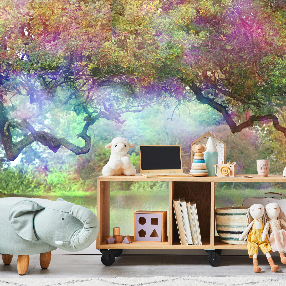 FOTOTAPETE für Kinderzimmer Magischer Bunter Wald Bäume Sträucher Blätter Pflanzen 200x140 - Gelb/Rot, Papier (200/140cm) - Muralo